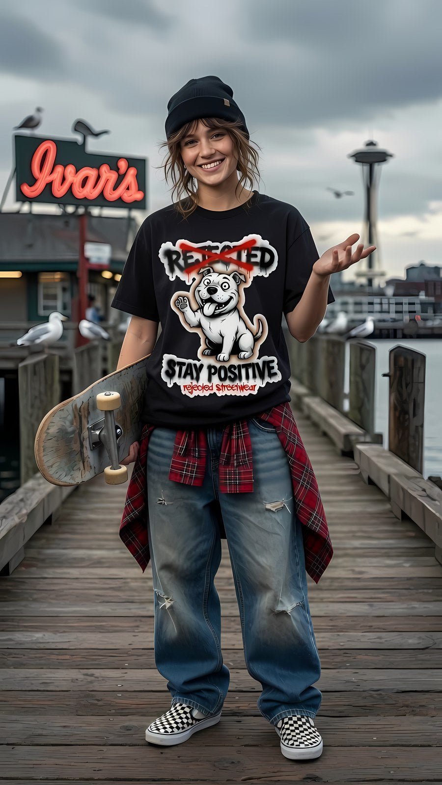Stay Positive pit bull tee — white bully pup sitting with one paw raised, REJECTED crossed out in red