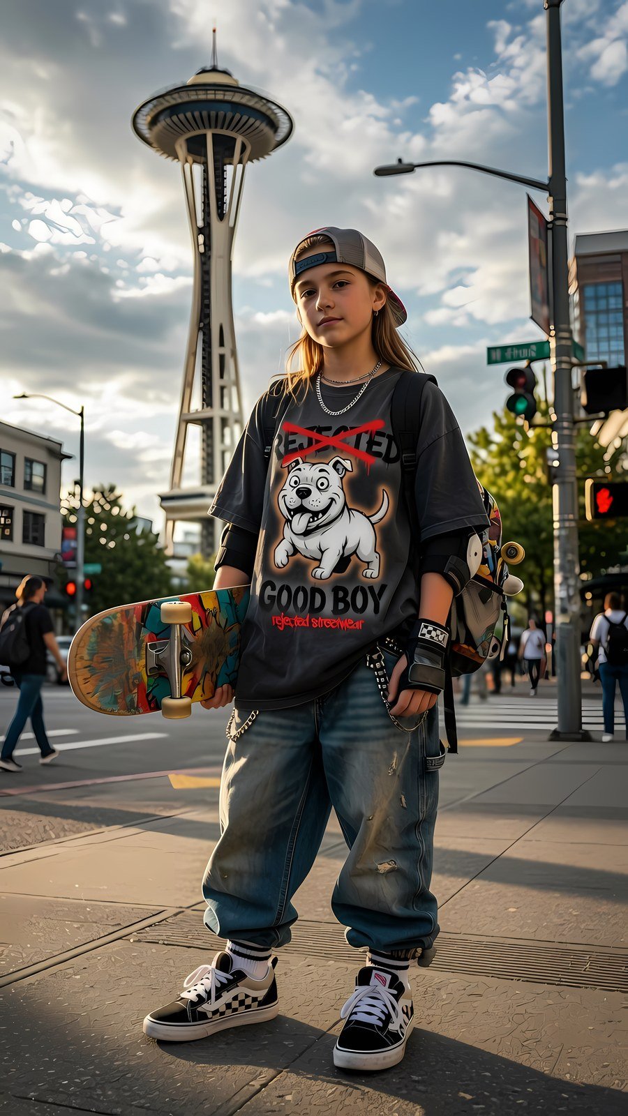 Good Boy pit bull tee — grinning white bully pup throwing a paw up, REJECTED crossed out in red