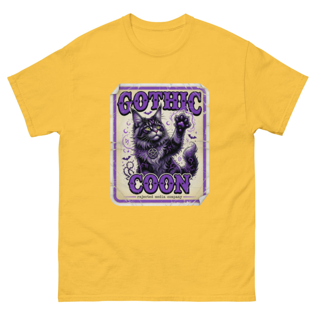 Gothic Coon tee — purple and black Maine Coon cat with a pentacle collar and one paw raised, vintage poster frame