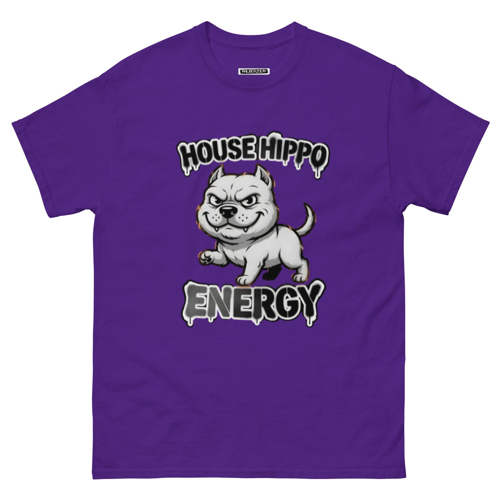 House Hippo Energy tee — stocky bully dog mid-stomp under drippy graffiti lettering