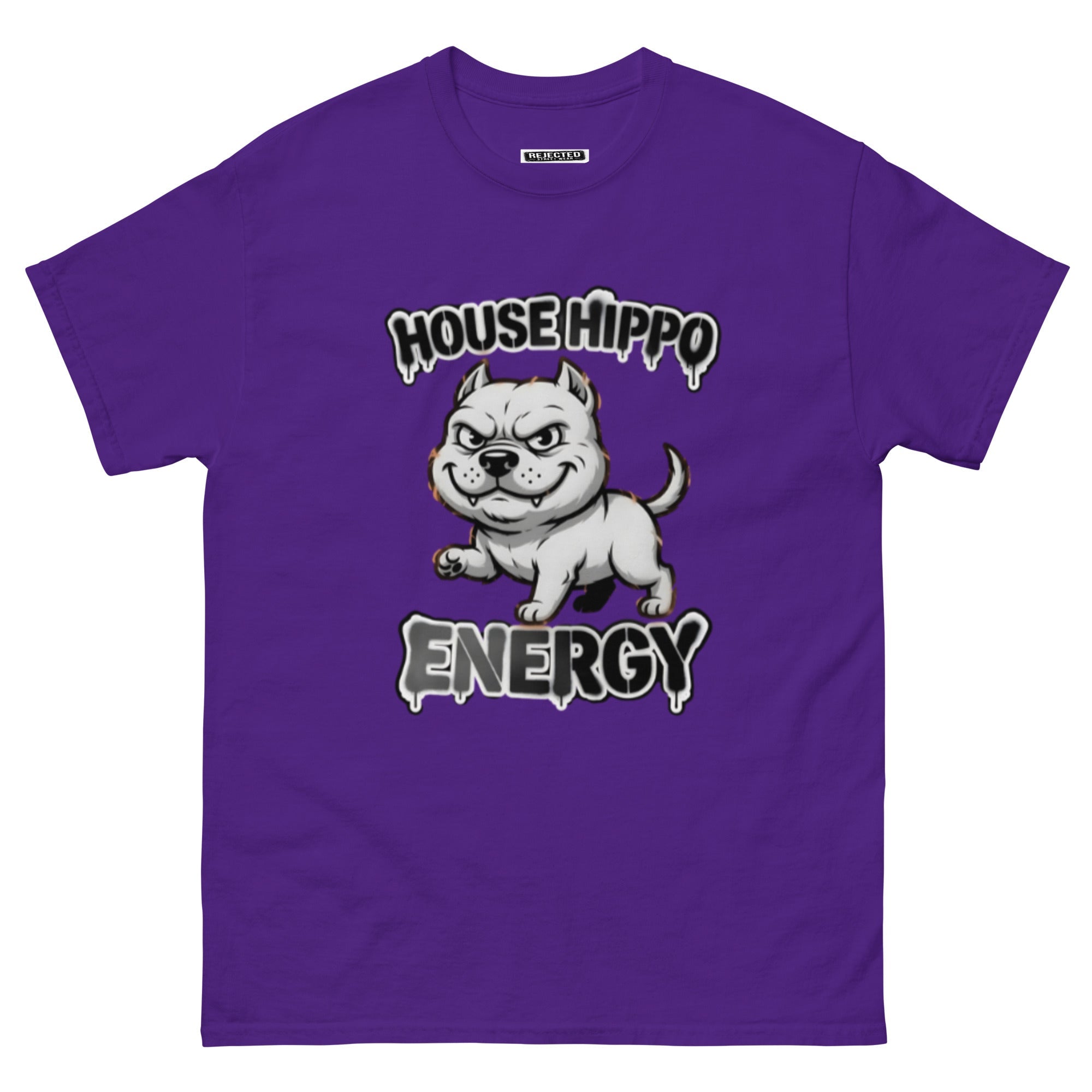 House Hippo Energy tee — stocky bully dog mid-stomp under drippy graffiti lettering