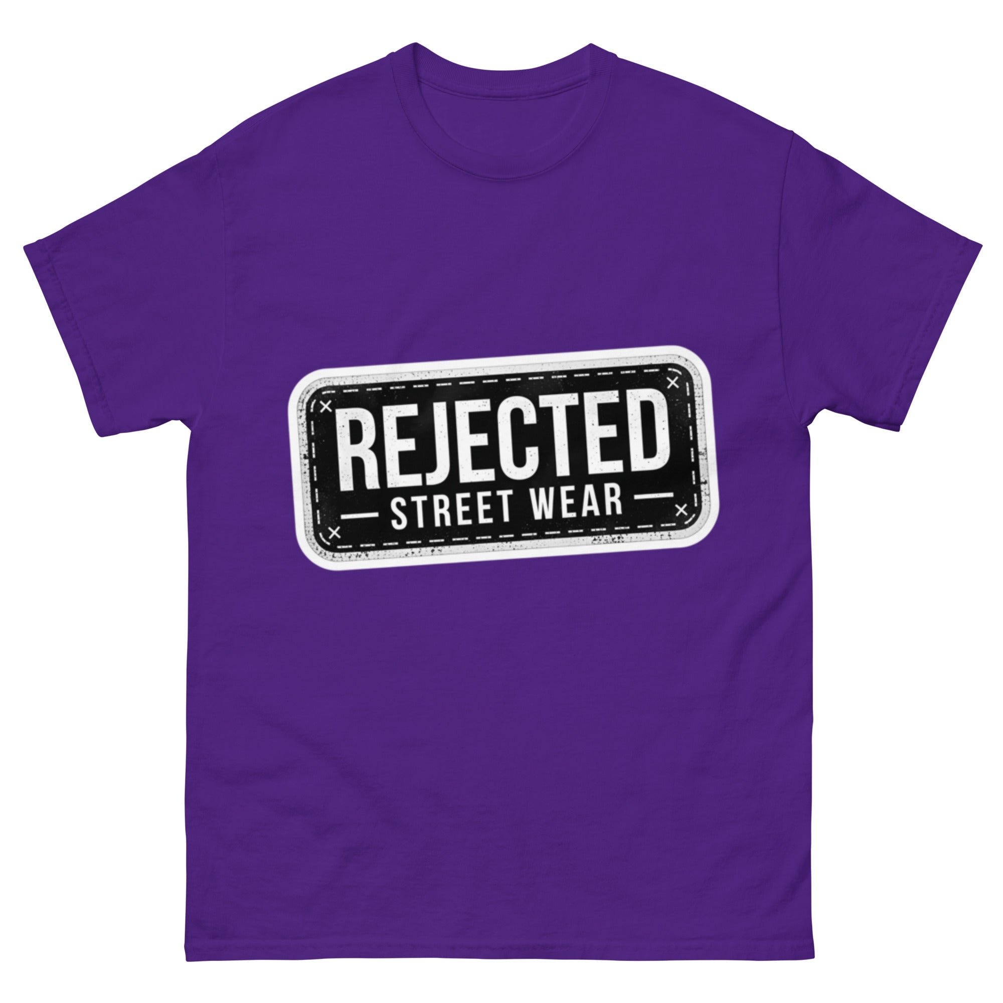 Rejected Street Wear plate logo tee — stamped black plate with a dashed border, corner x marks and REJECTED STREET WEAR inside