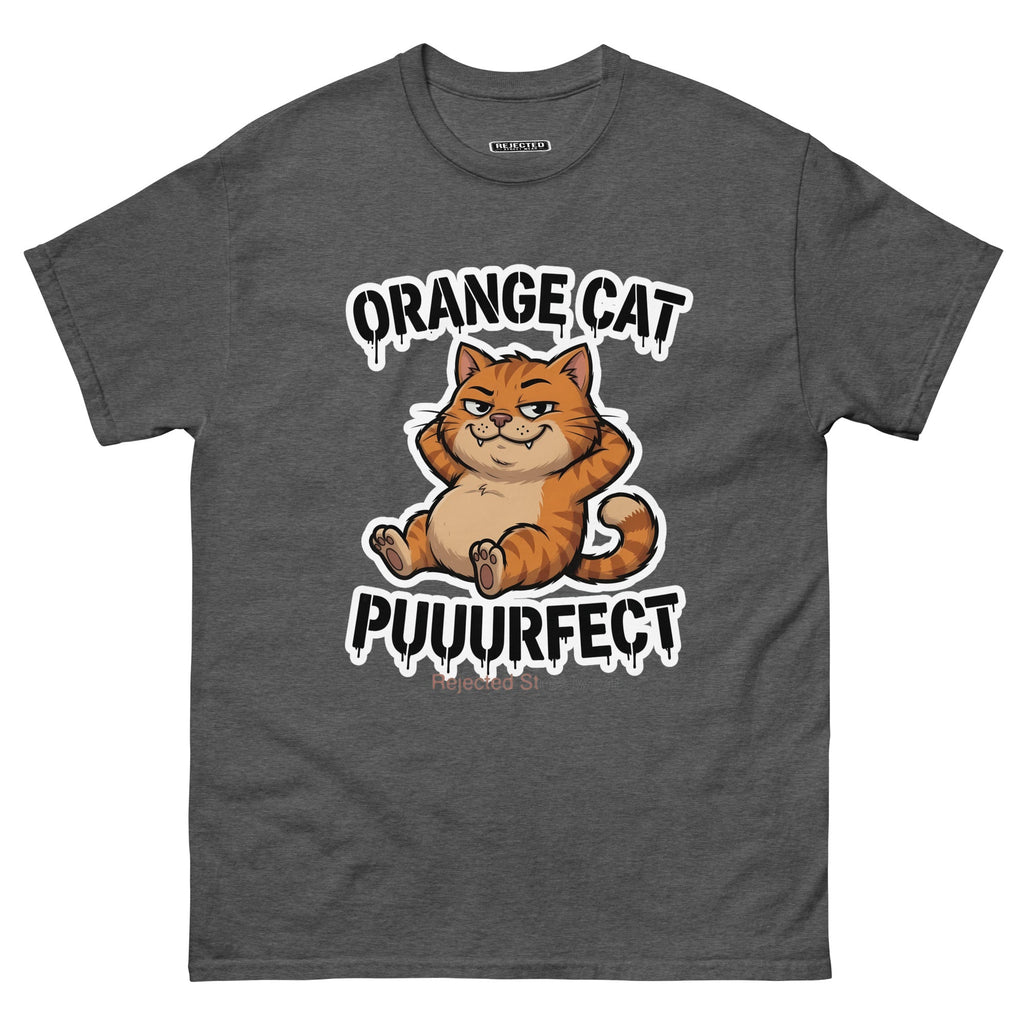 Orange Cat Puuurfect tee — chunky reclined orange tabby under arched drippy graffiti lettering