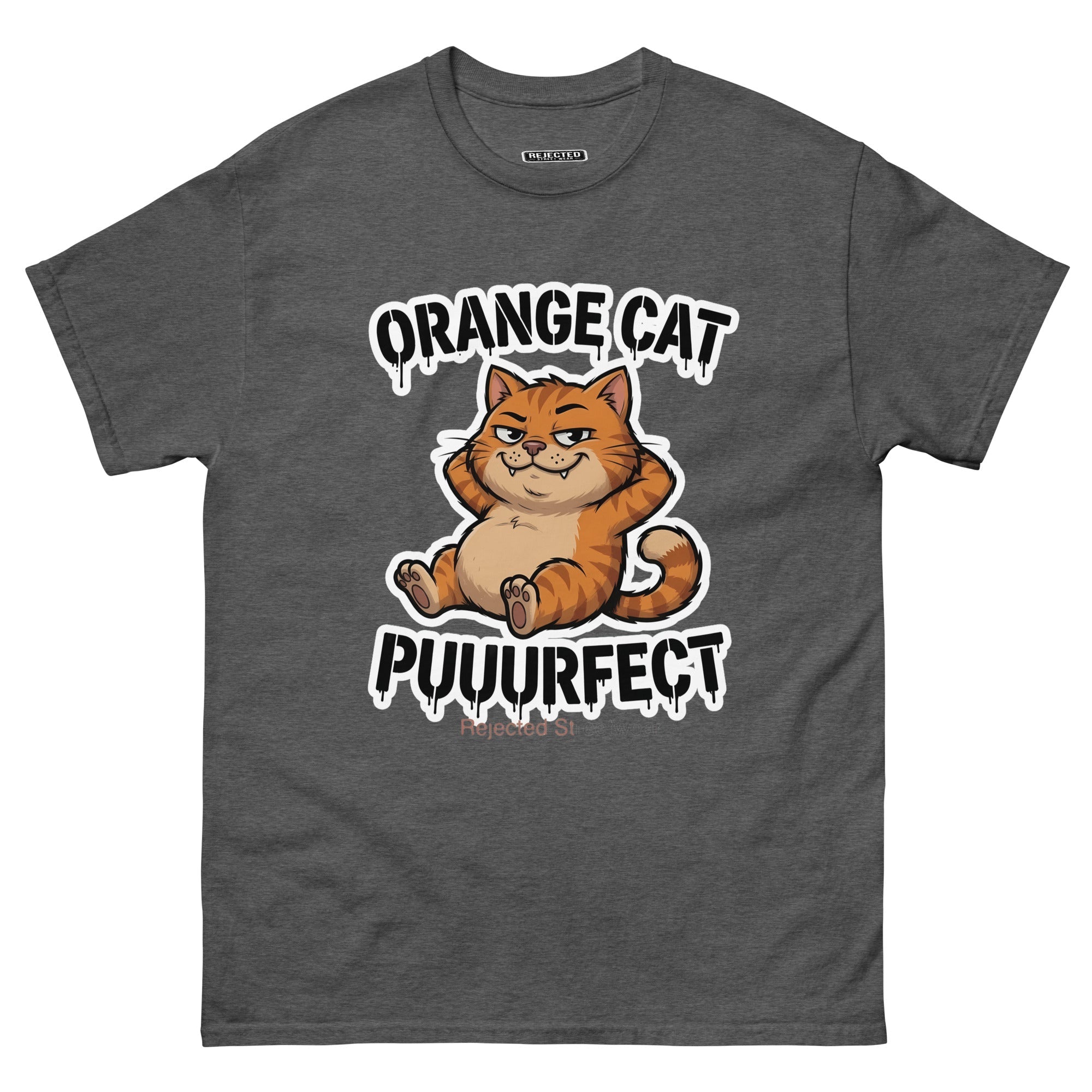 Orange Cat Puuurfect tee — chunky reclined orange tabby under arched drippy graffiti lettering
