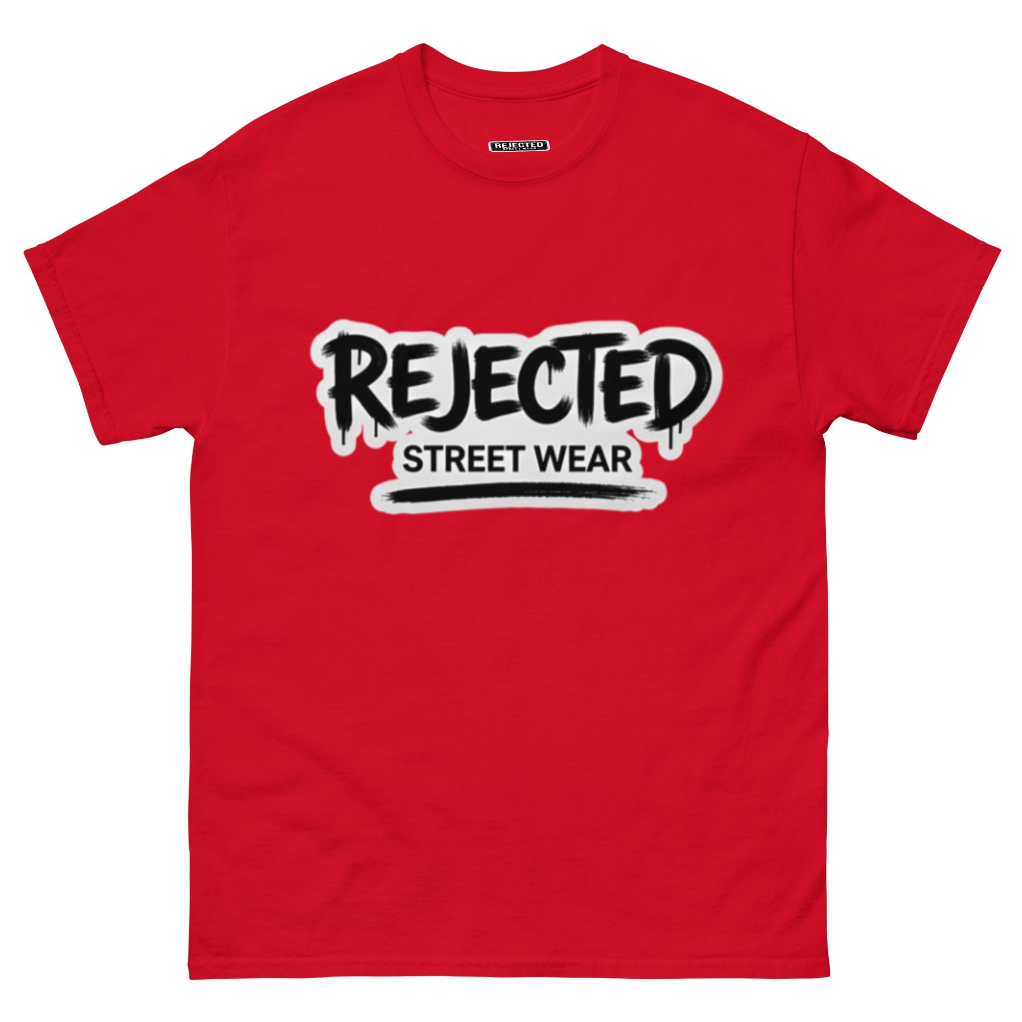 Rejected Street Wear graffiti logo tee — REJECTED in dripping spray-paint script over underlined STREET WEAR