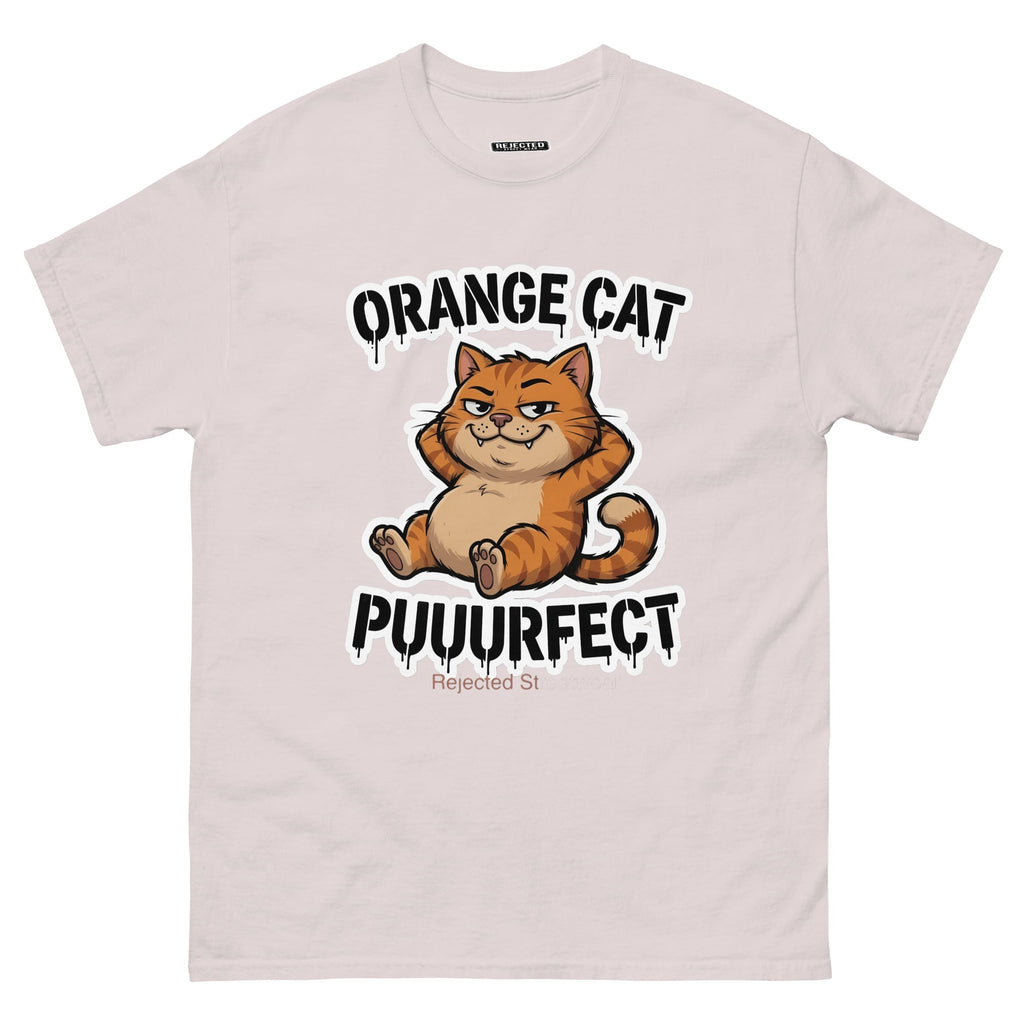 Orange Cat Puuurfect tee — chunky reclined orange tabby under arched drippy graffiti lettering