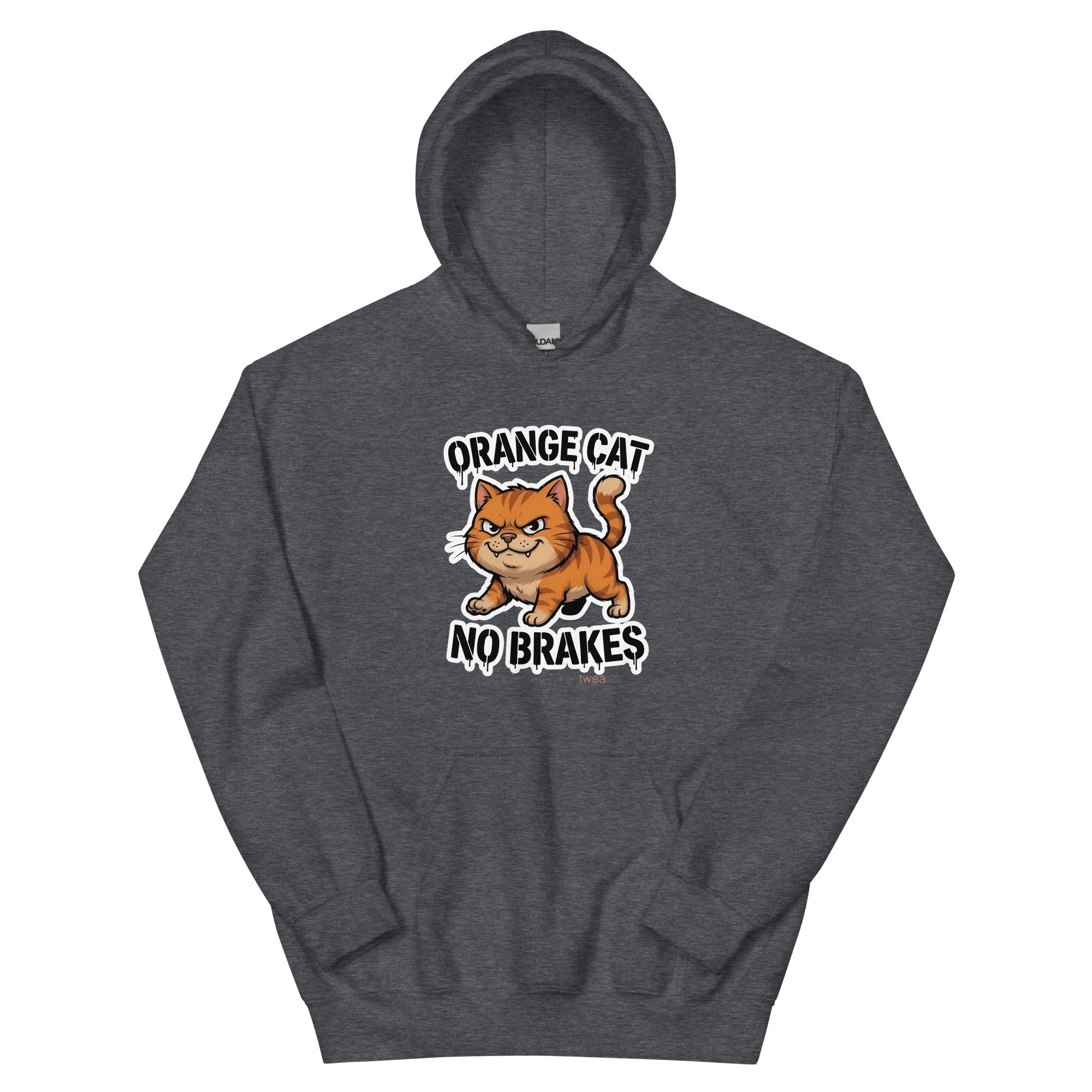 Orange Cat No Brakes hoodie — scowling orange tabby at full sprint under drippy graffiti lettering