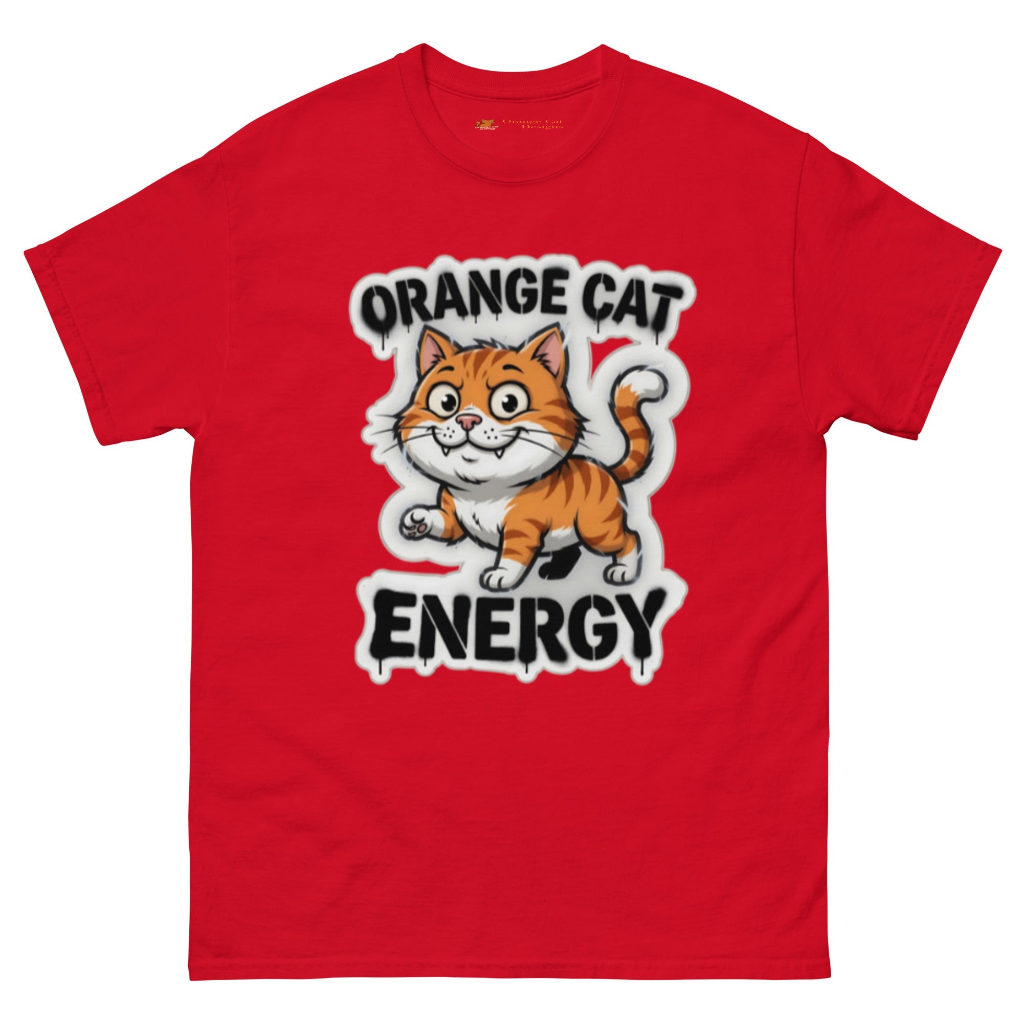 Orange Cat Energy tee — wide-eyed orange tabby mid-launch under drippy graffiti lettering
