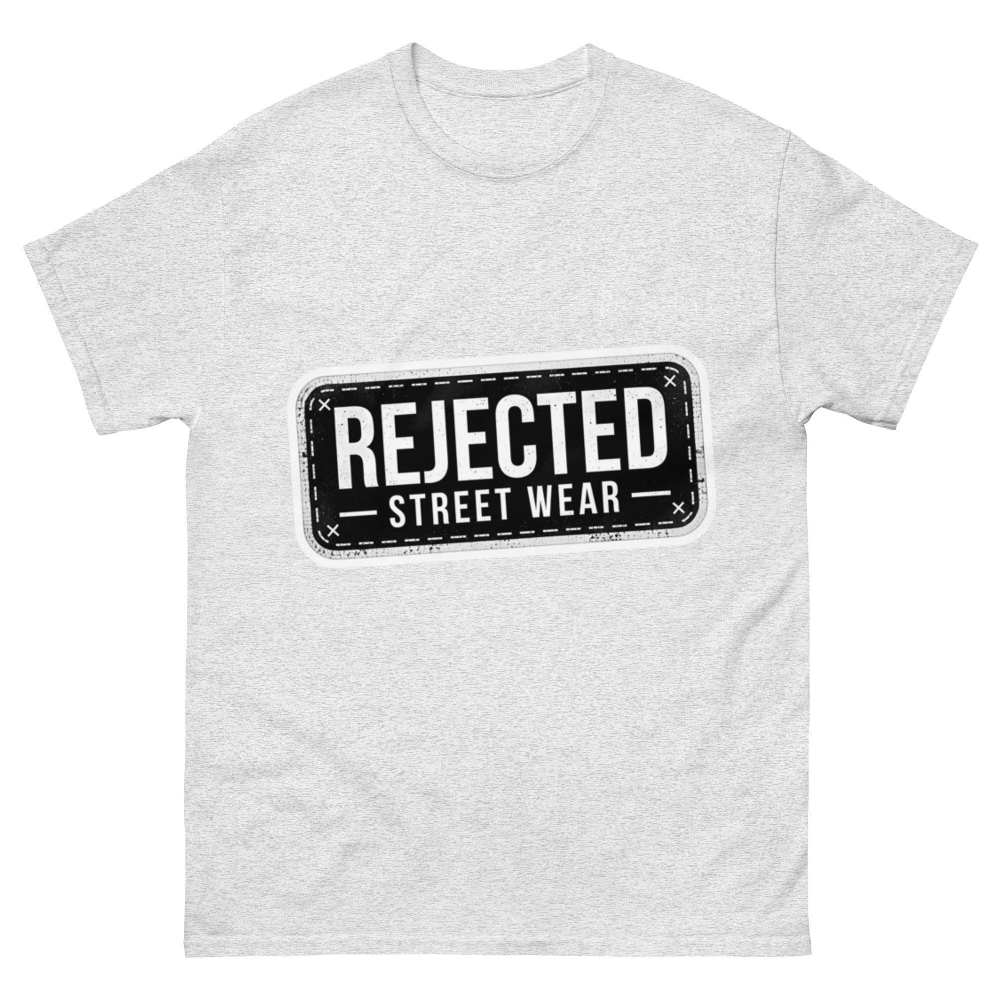 Rejected Street Wear plate logo tee — stamped black plate with a dashed border, corner x marks and REJECTED STREET WEAR inside