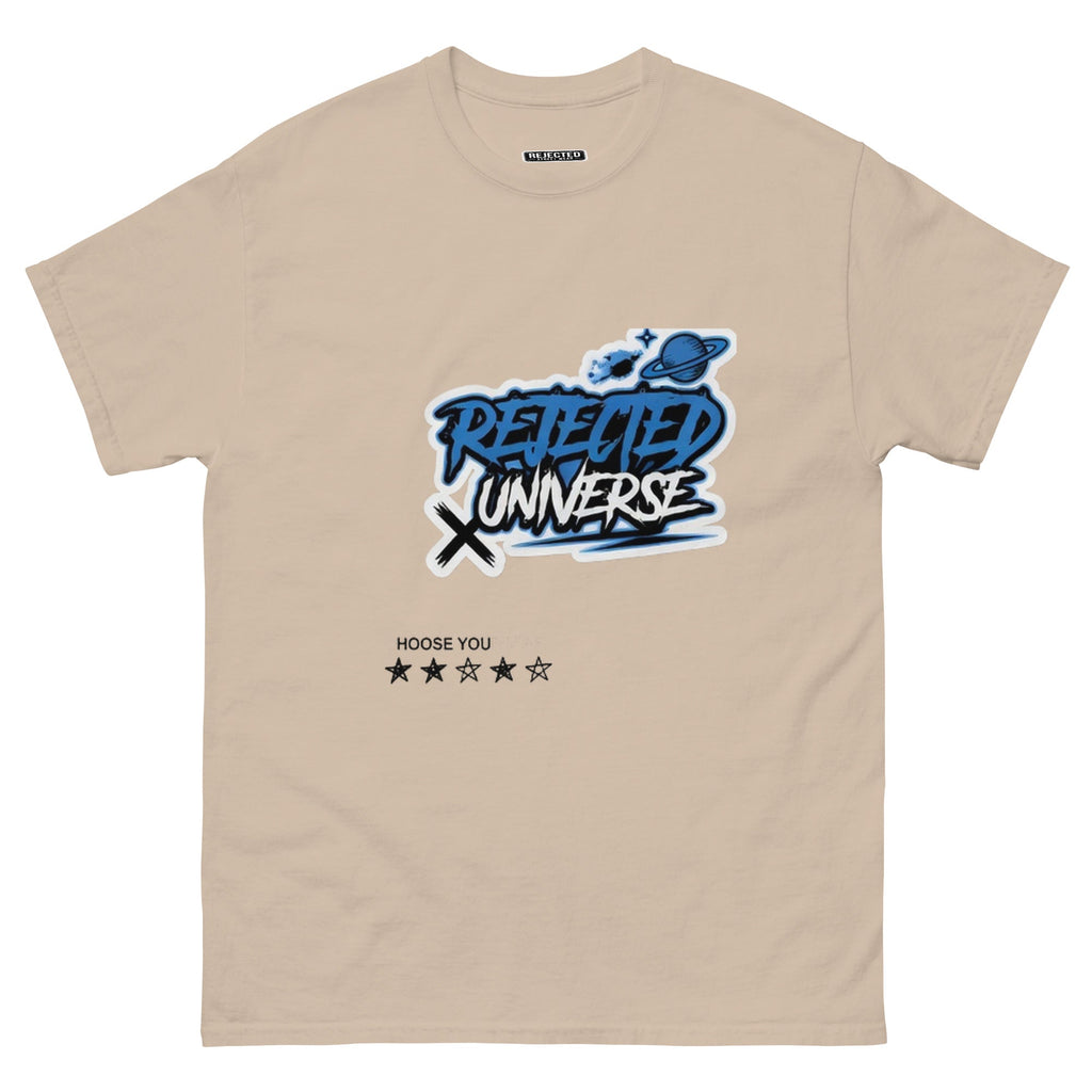 Rejected Universe logo tee in blue — graffiti tag with a planet and trailing stars