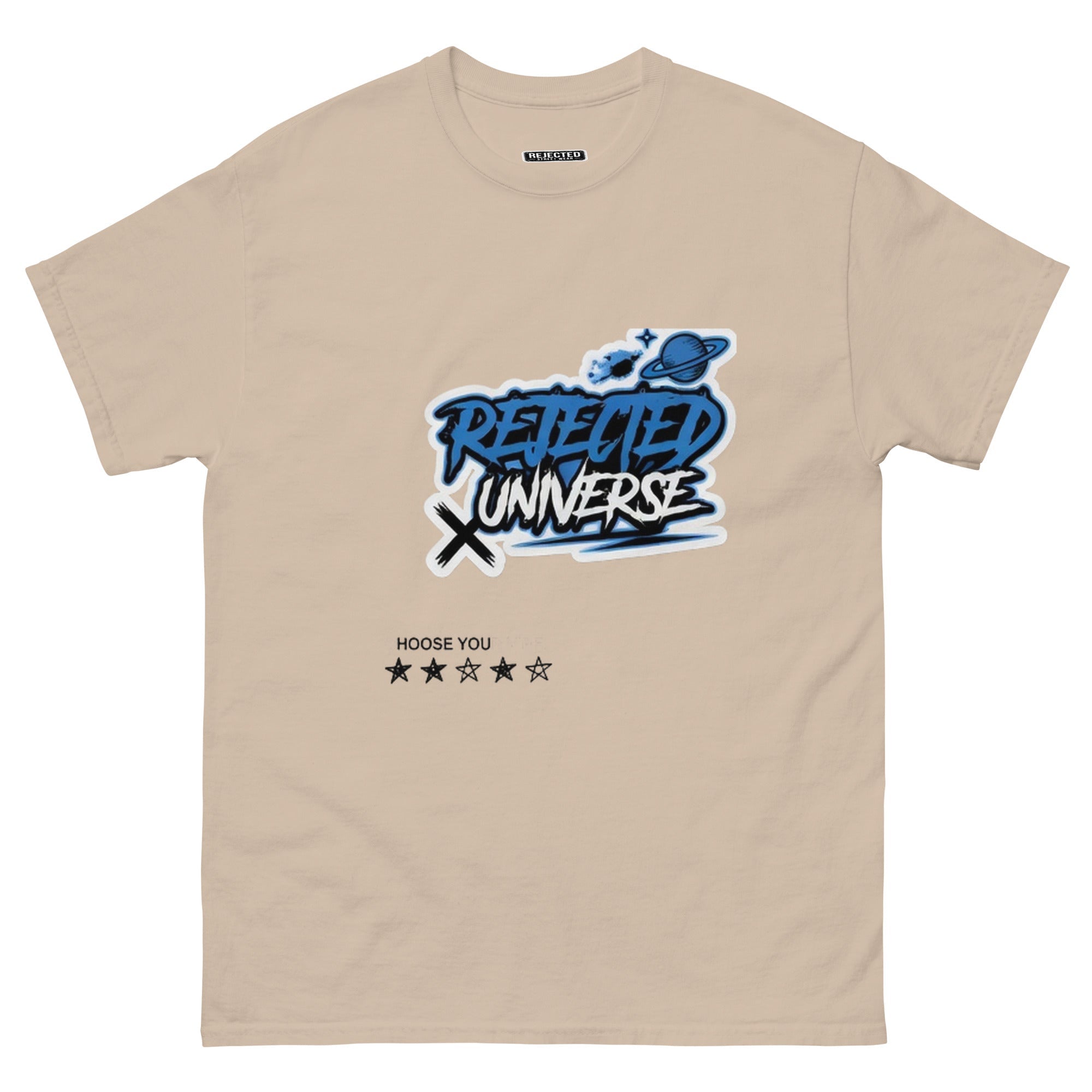 Rejected Universe logo tee in blue — graffiti tag with a planet and trailing stars