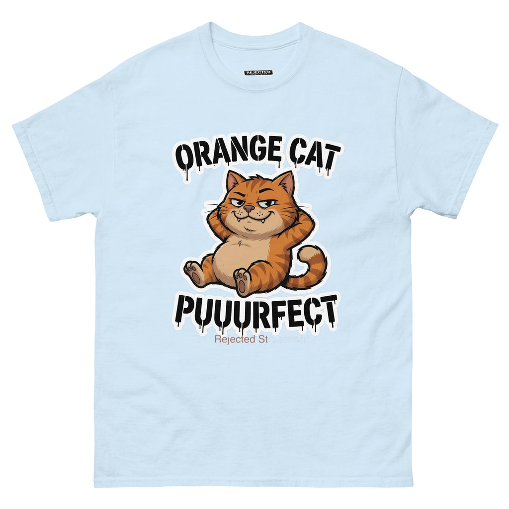 Orange Cat Puuurfect tee — chunky reclined orange tabby under arched drippy graffiti lettering