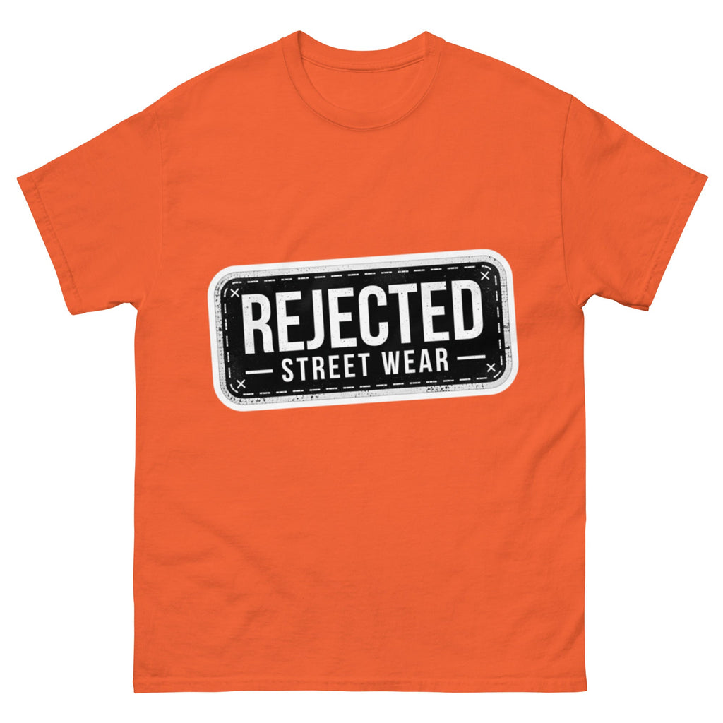 Rejected Street Wear plate logo tee — stamped black plate with a dashed border, corner x marks and REJECTED STREET WEAR inside