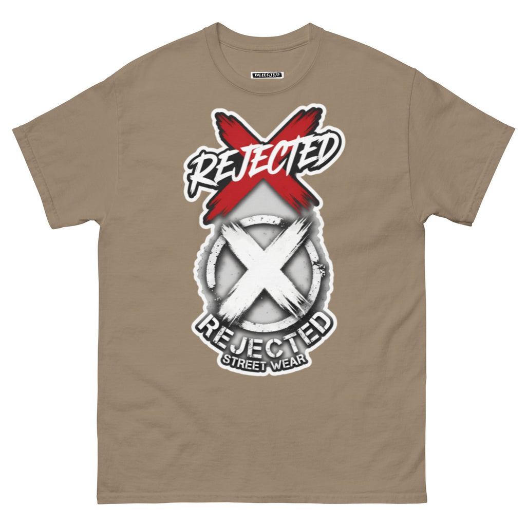 Reject Labels Be Human tee — REJECTED crossed out in red above the X emblem with the word Human underneath