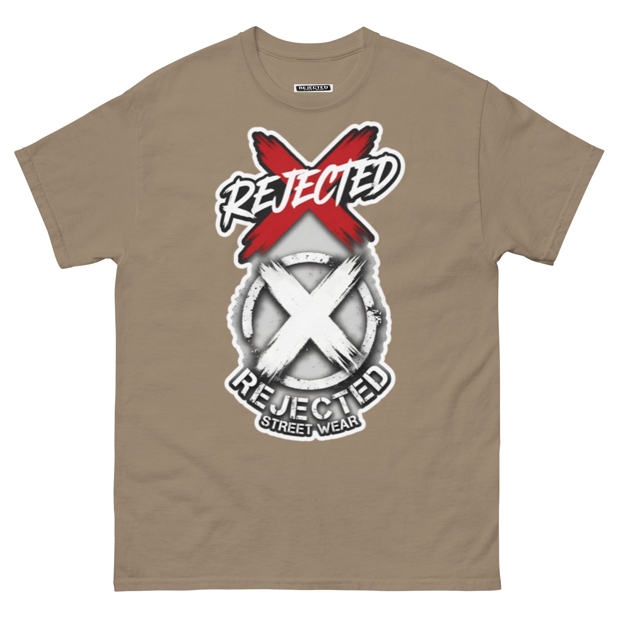 Reject Labels Be Human tee — REJECTED crossed out in red above the X emblem with the word Human underneath