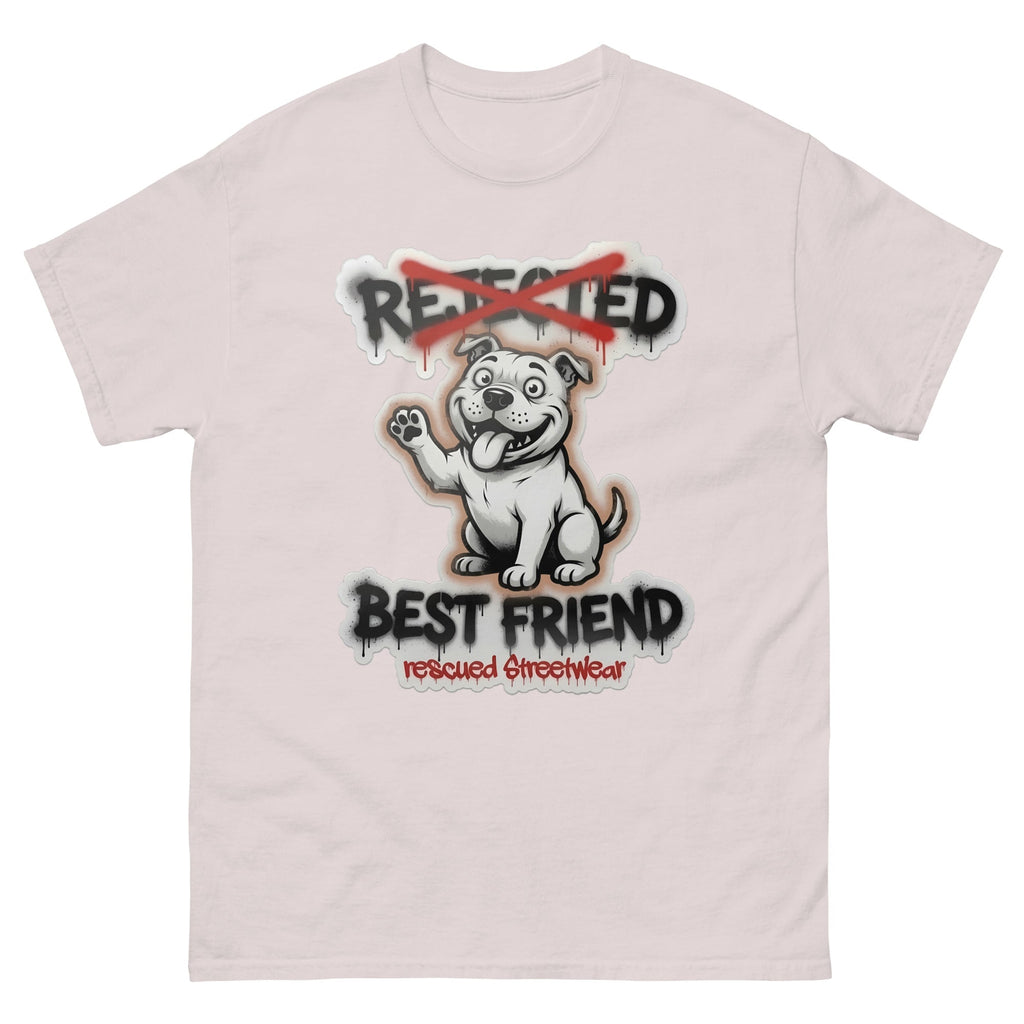 Best Friend pit bull tee — white bully pup waving a paw with REJECTED crossed out in red and BEST FRIEND sprayed below