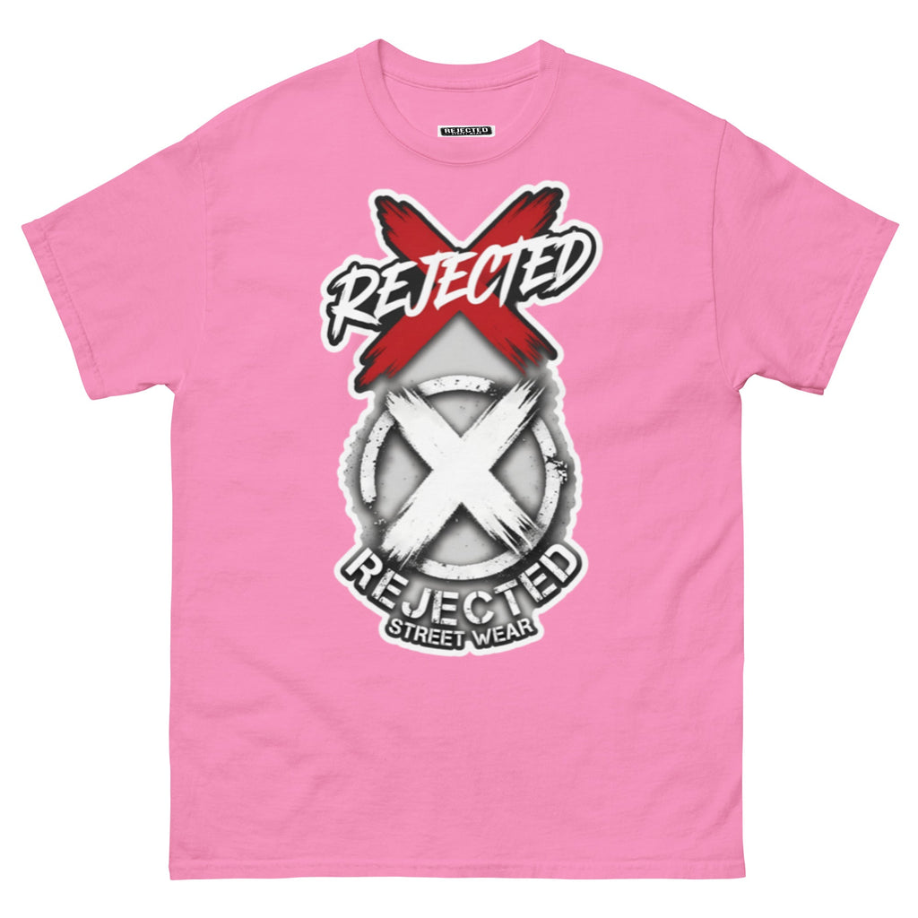 Reject Labels Be Human tee — REJECTED crossed out in red above the X emblem with the word Human underneath