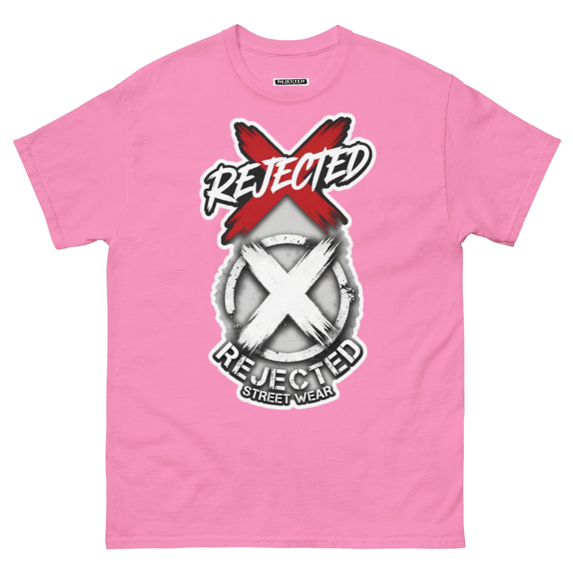 Reject Labels Be Human tee — REJECTED crossed out in red above the X emblem with the word Human underneath