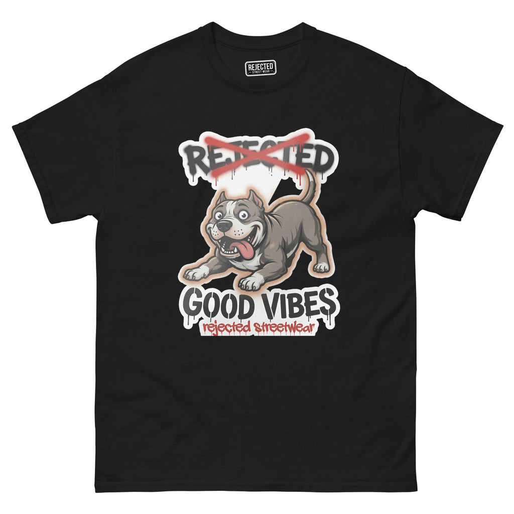 Good Vibes pit bull tee — grey pit bull mid-sprint with tongue out, REJECTED struck through in red