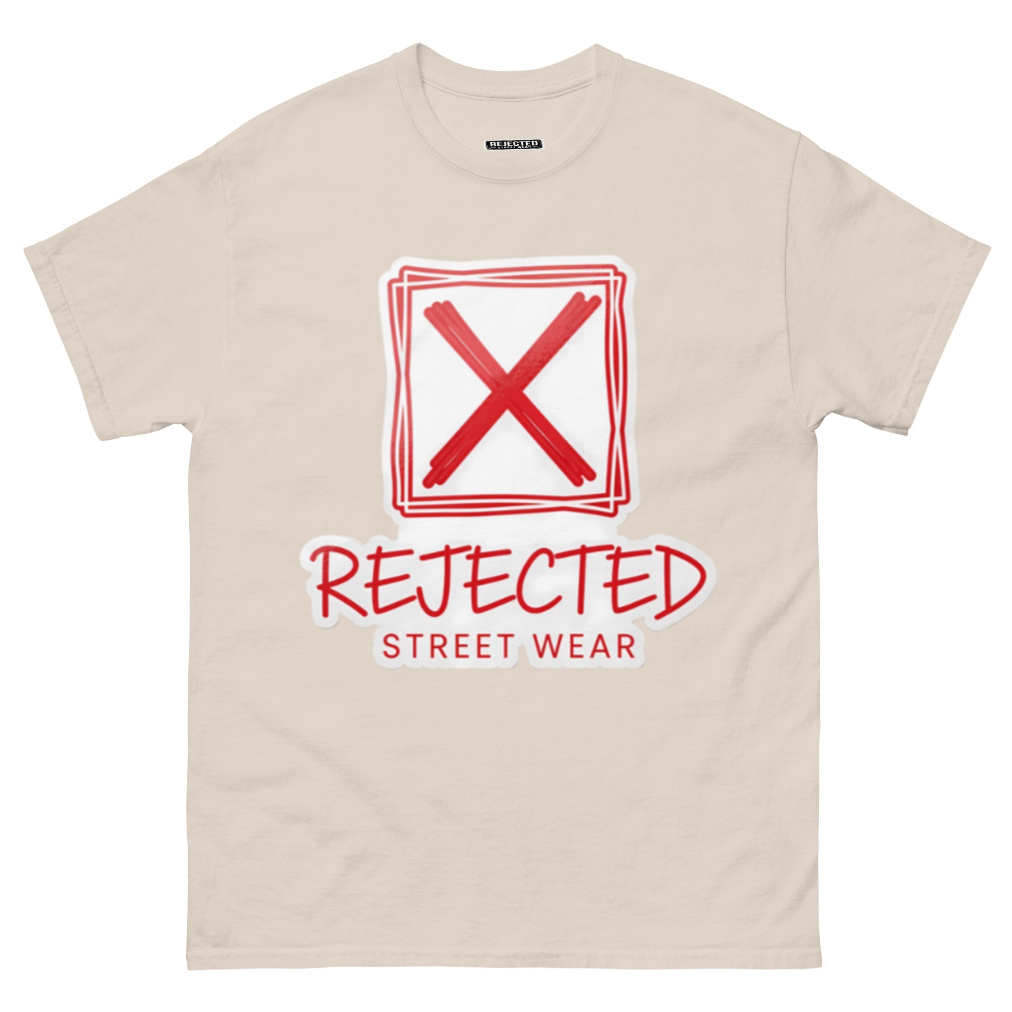 Rejected Street Wear box logo tee — hand-drawn red frame with a brushed X and REJECTED STREET WEAR in red beneath