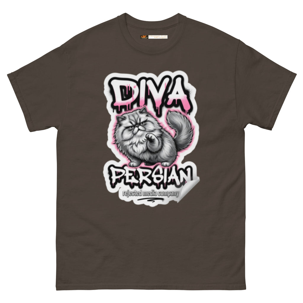 Diva Persian cat tee — fluffed-out Persian cat with an unimpressed face under pink graffiti drip lettering