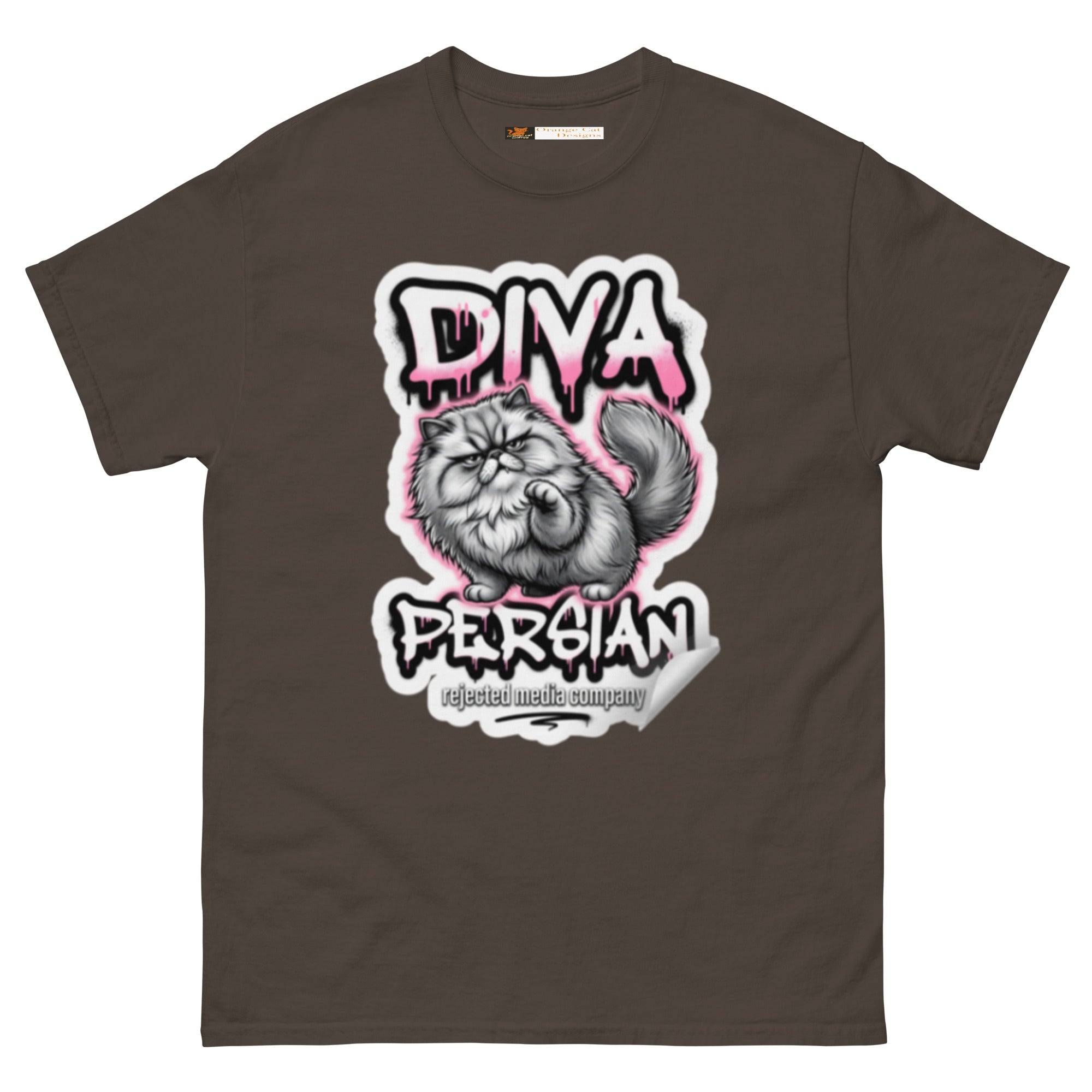 Diva Persian cat tee — fluffed-out Persian cat with an unimpressed face under pink graffiti drip lettering