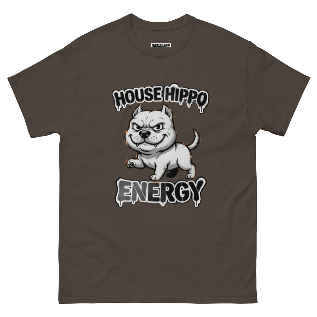 House Hippo Energy tee — stocky bully dog mid-stomp under drippy graffiti lettering