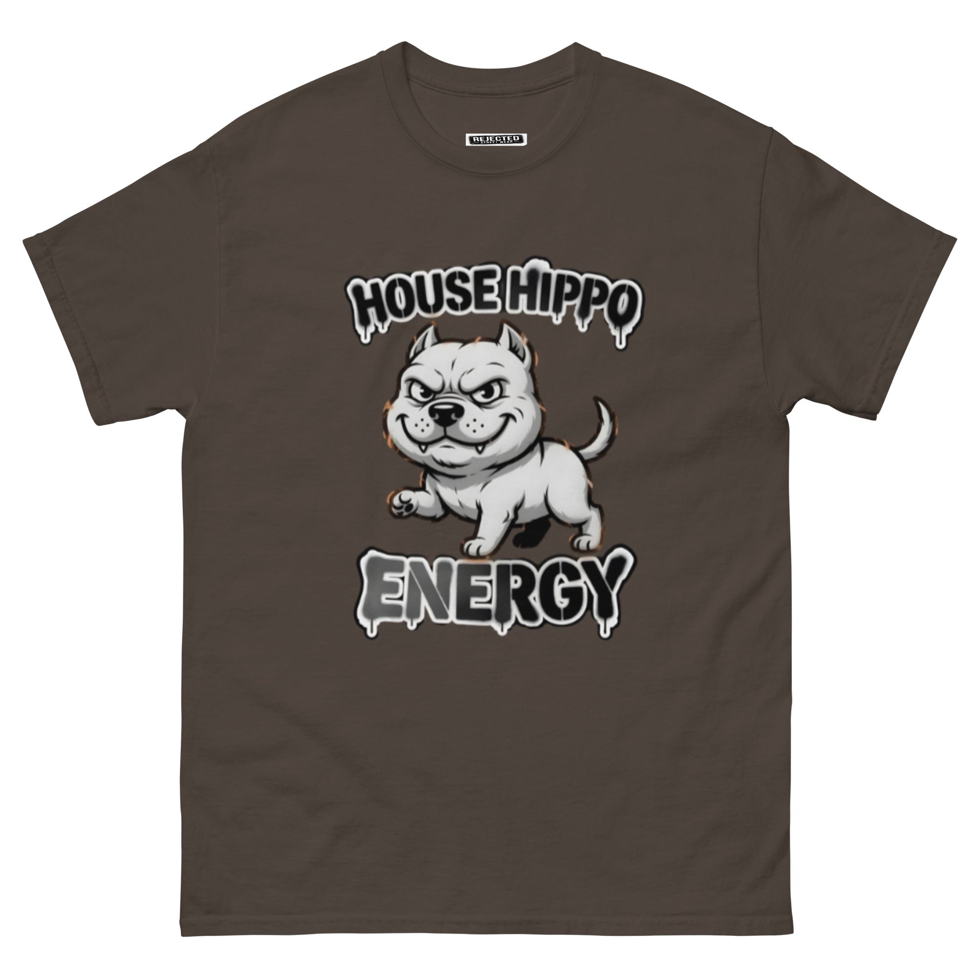House Hippo Energy tee — stocky bully dog mid-stomp under drippy graffiti lettering