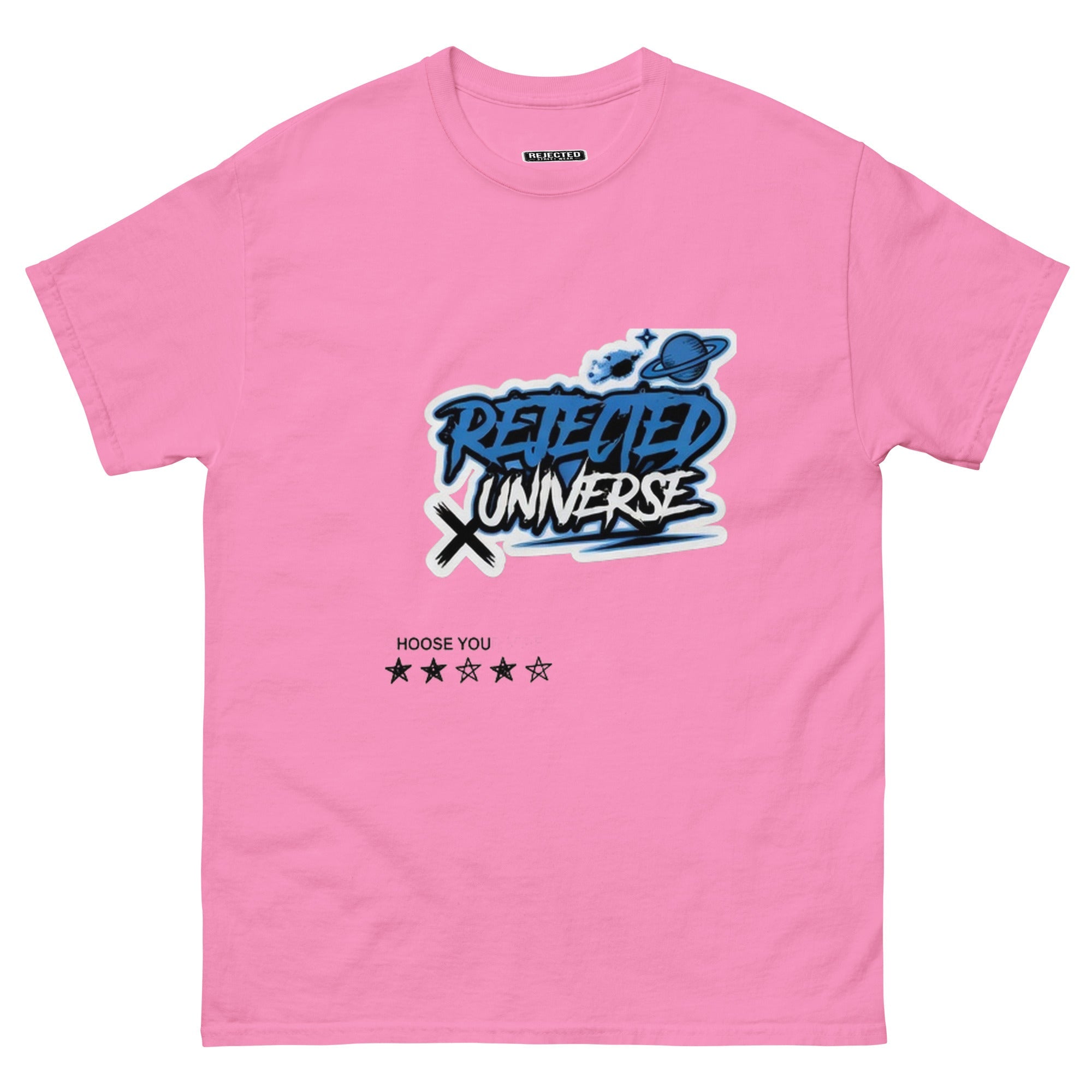 Rejected Universe logo tee in blue — graffiti tag with a planet and trailing stars