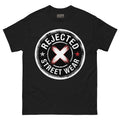 Rejected Street Wear barbed wire seal tee — distressed circular badge with REJECTED arched over a red and white brushed X