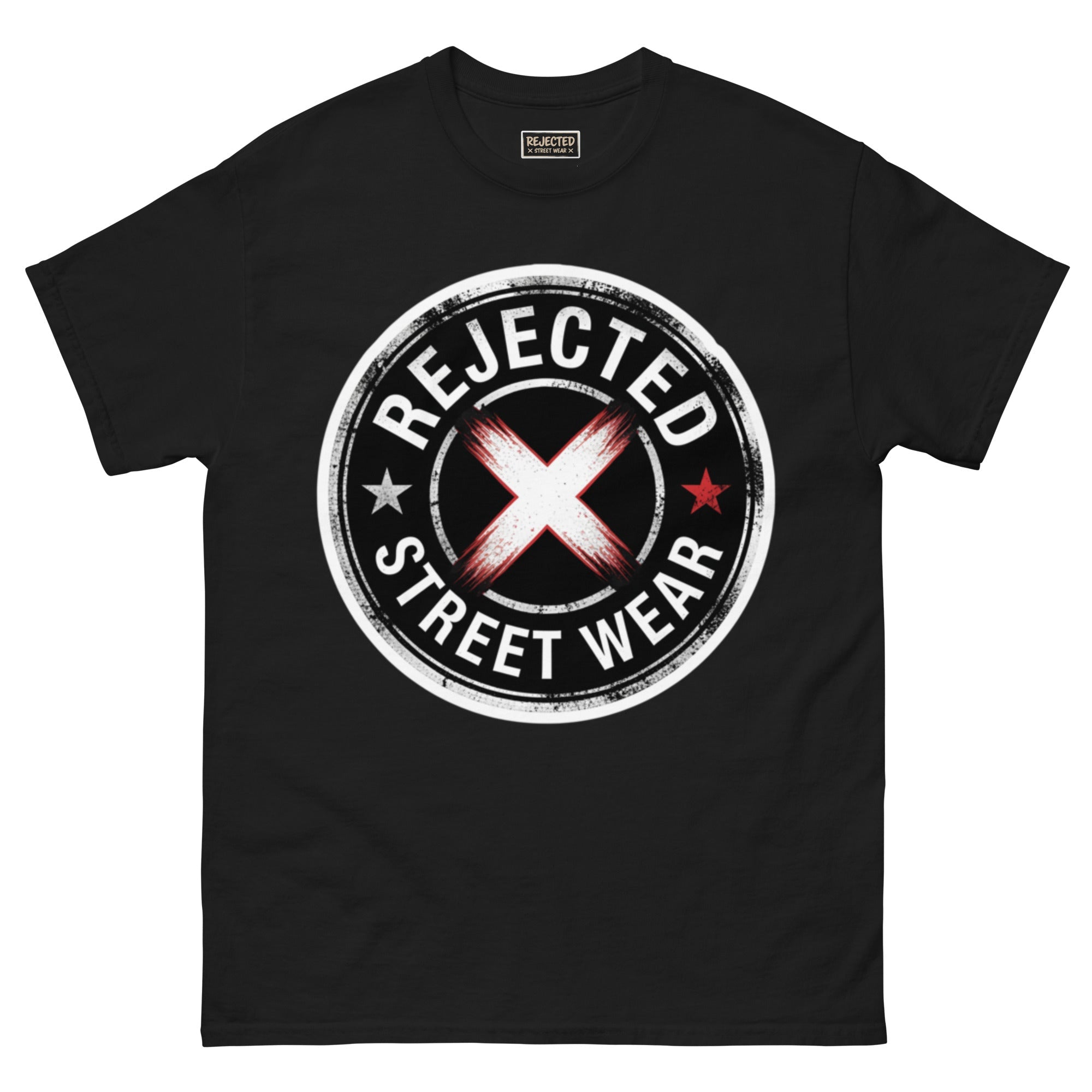Rejected Street Wear barbed wire seal tee — distressed circular badge with REJECTED arched over a red and white brushed X
