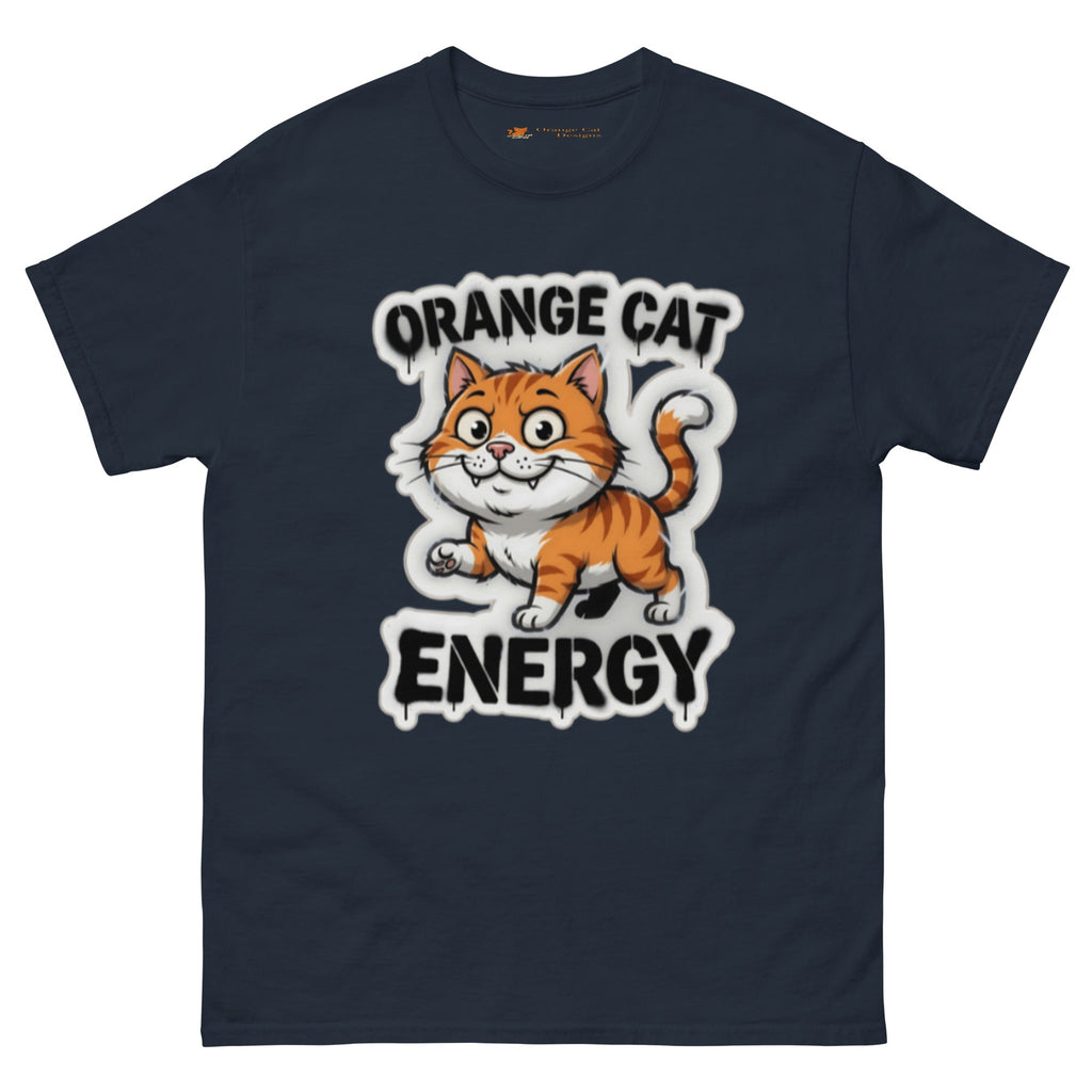 Orange Cat Energy tee — wide-eyed orange tabby mid-launch under drippy graffiti lettering