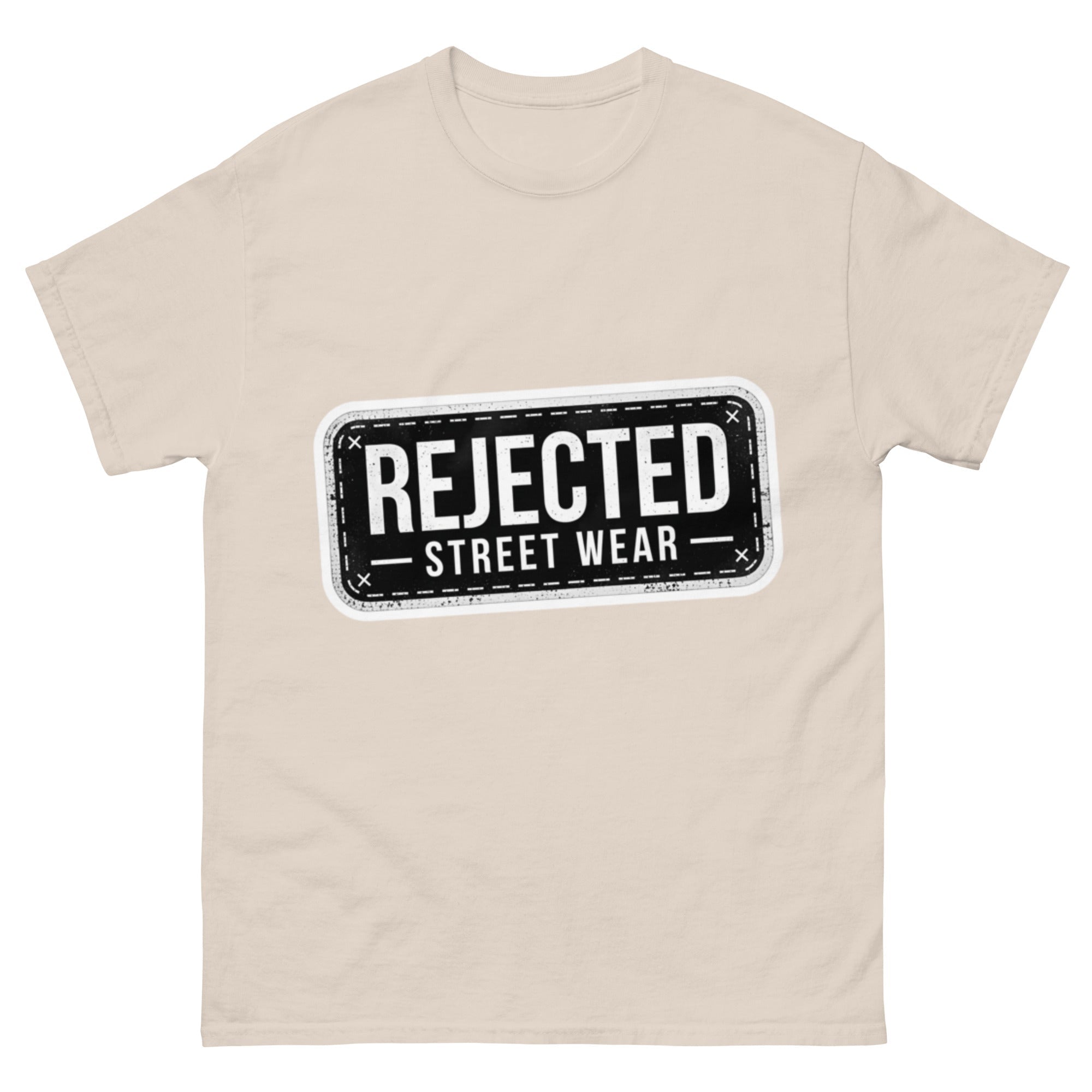 Rejected Street Wear plate logo tee — stamped black plate with a dashed border, corner x marks and REJECTED STREET WEAR inside