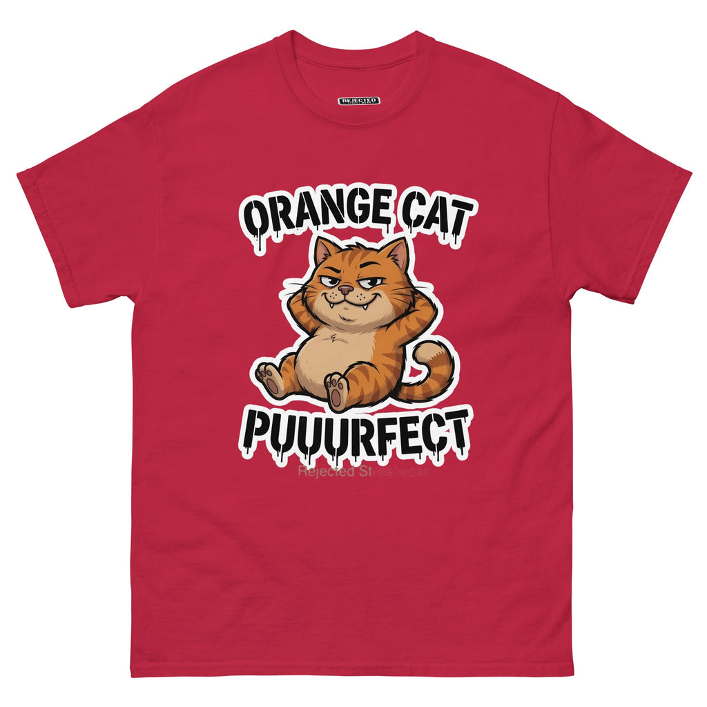 Orange Cat Puuurfect tee — chunky reclined orange tabby under arched drippy graffiti lettering