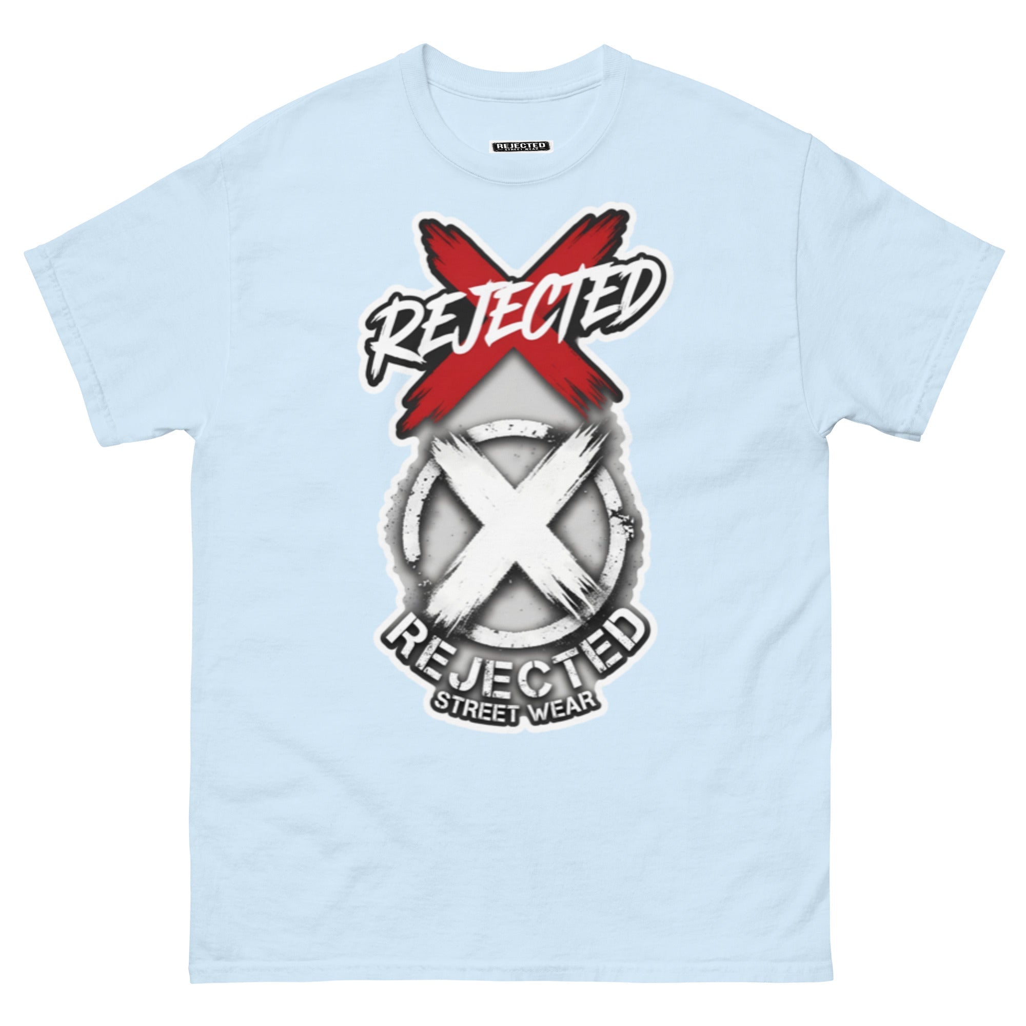 Reject Labels Be Human tee — REJECTED crossed out in red above the X emblem with the word Human underneath