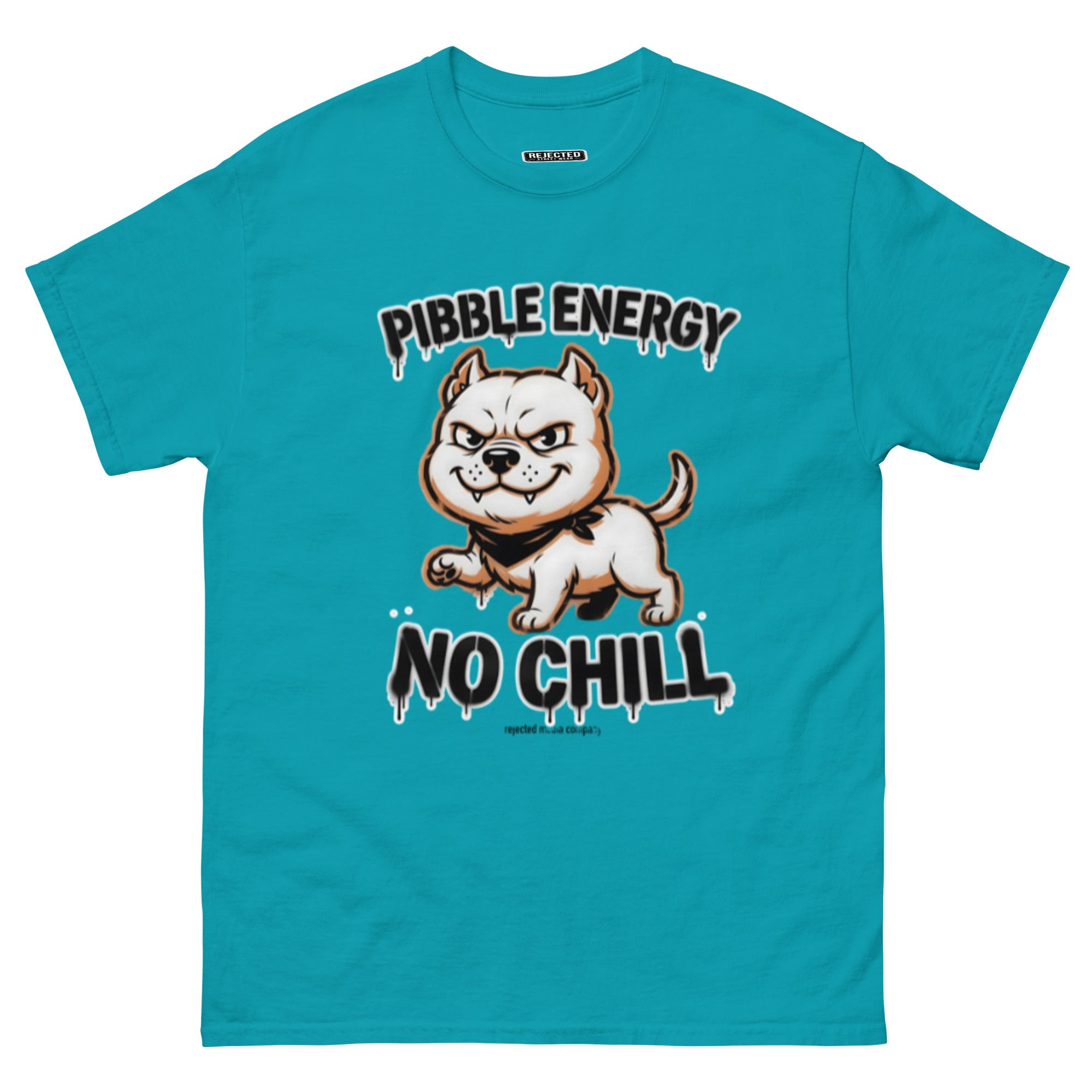 Pibble Energy No Chill tee — grinning bully pup at a dead sprint under graffiti lettering