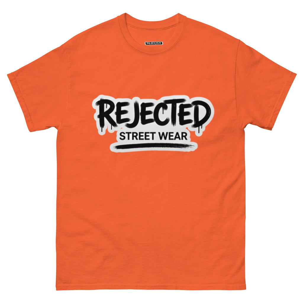 Rejected Street Wear graffiti logo tee — REJECTED in dripping spray-paint script over underlined STREET WEAR