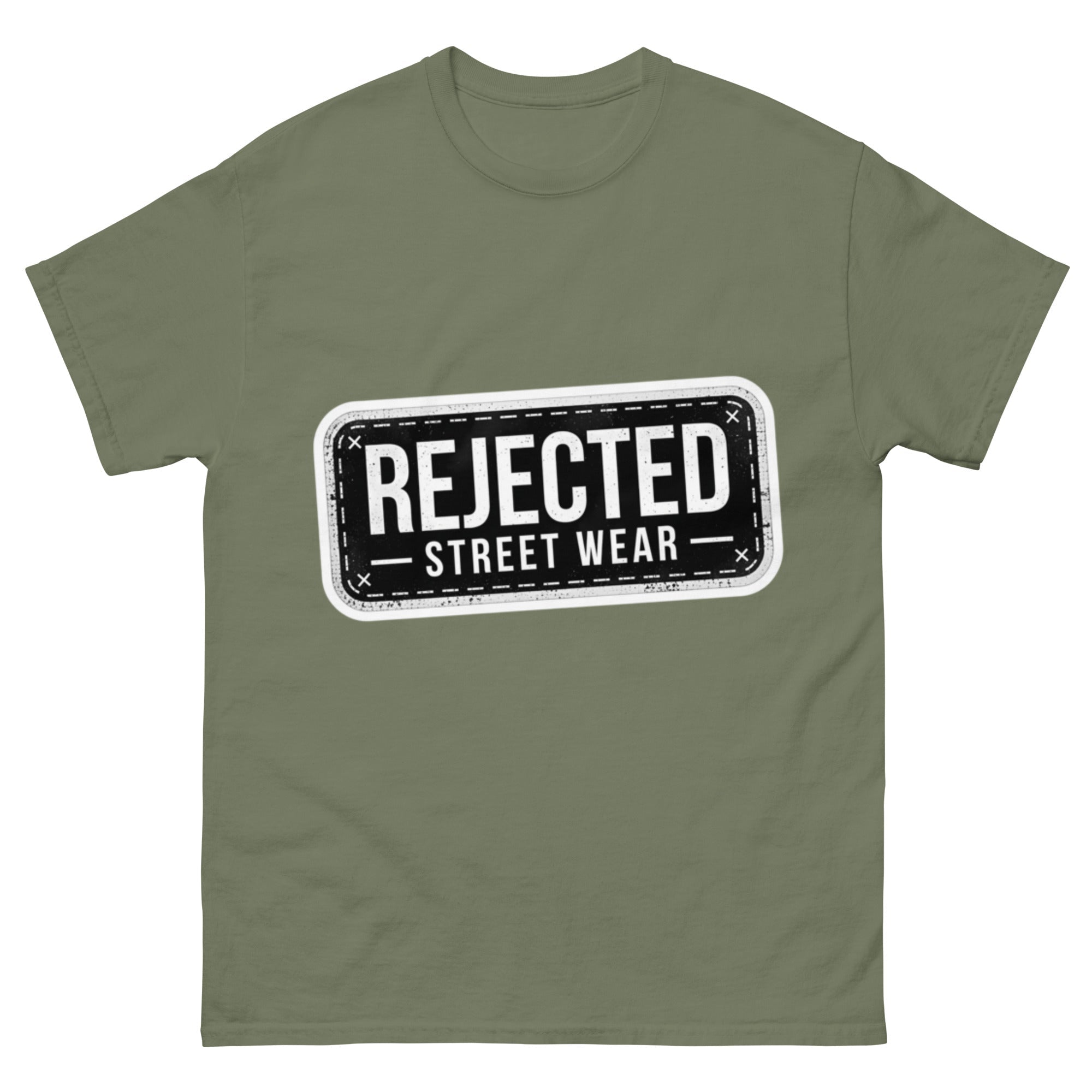 Rejected Street Wear plate logo tee — stamped black plate with a dashed border, corner x marks and REJECTED STREET WEAR inside
