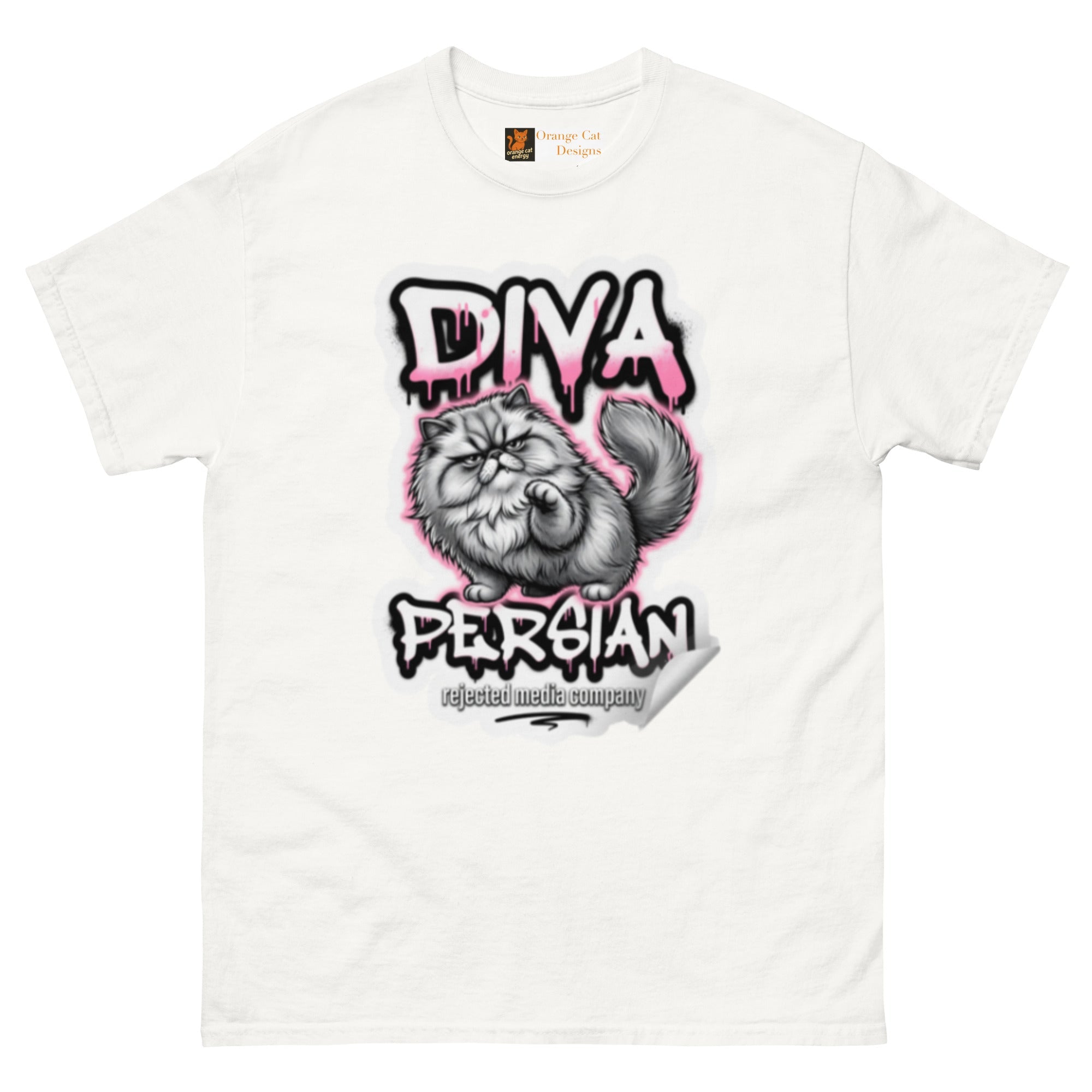 Diva Persian cat tee — fluffed-out Persian cat with an unimpressed face under pink graffiti drip lettering