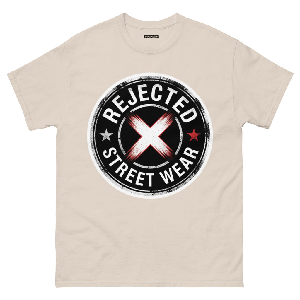 Rejected Street Wear barbed wire seal tee — distressed circular badge with REJECTED arched over a red and white brushed X