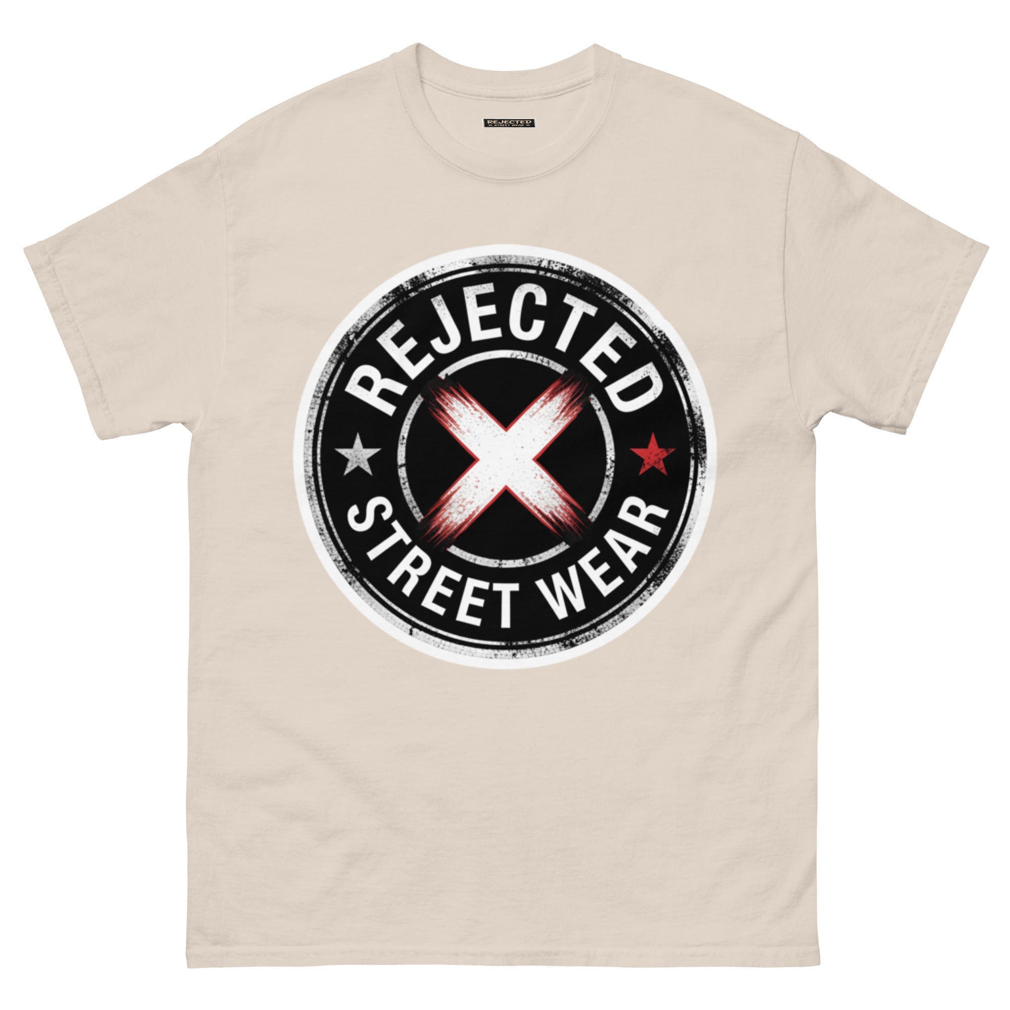 Rejected Street Wear barbed wire seal tee — distressed circular badge with REJECTED arched over a red and white brushed X