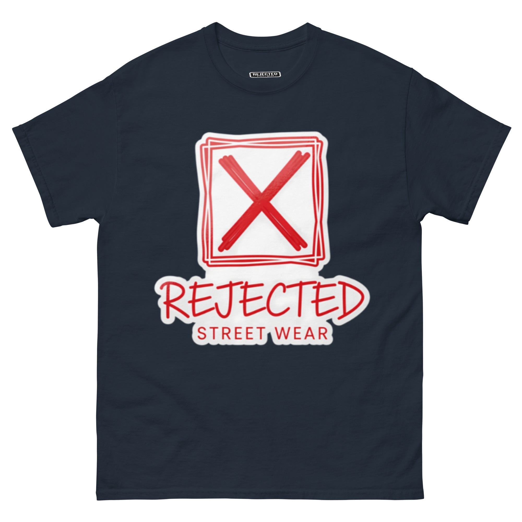 Rejected Street Wear box logo tee — hand-drawn red frame with a brushed X and REJECTED STREET WEAR in red beneath
