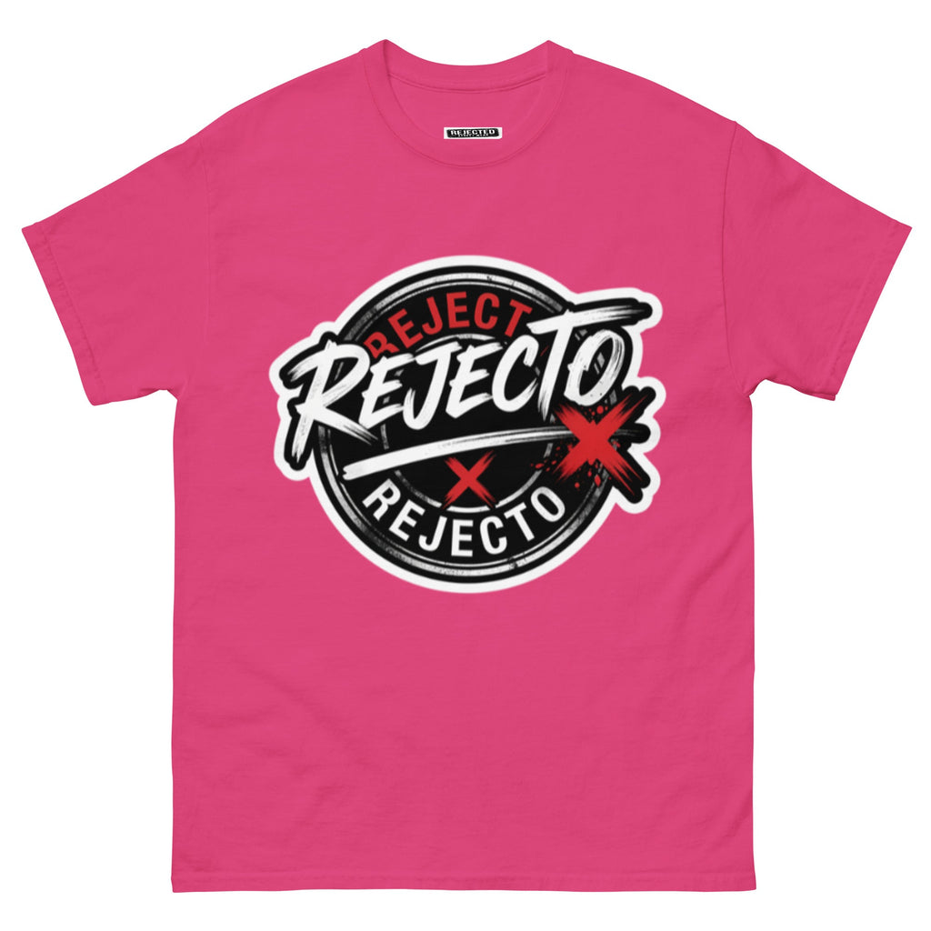 Rejected Street Wear emblem tee — black circle badge with white brush script and a red X slash