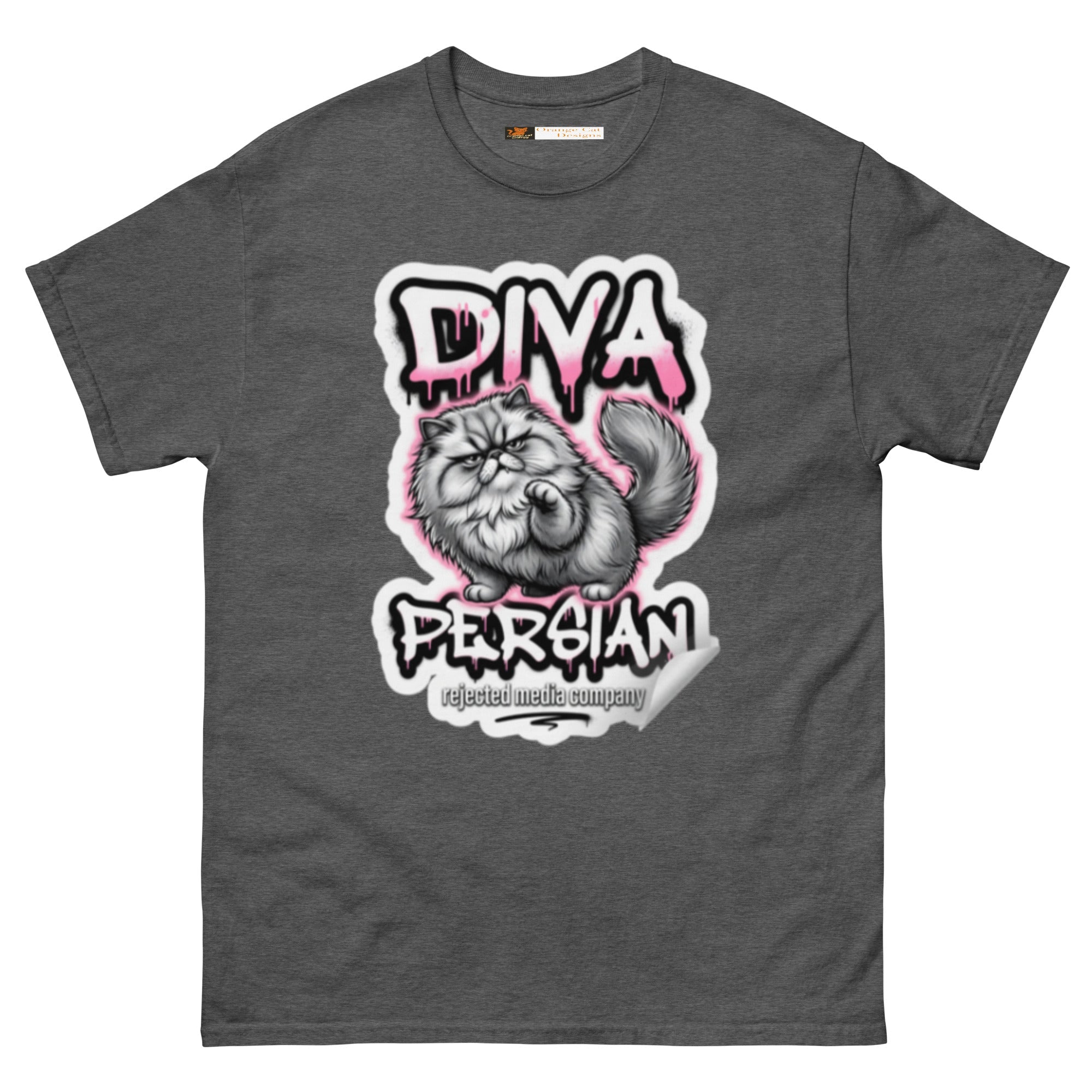 Diva Persian cat tee — fluffed-out Persian cat with an unimpressed face under pink graffiti drip lettering