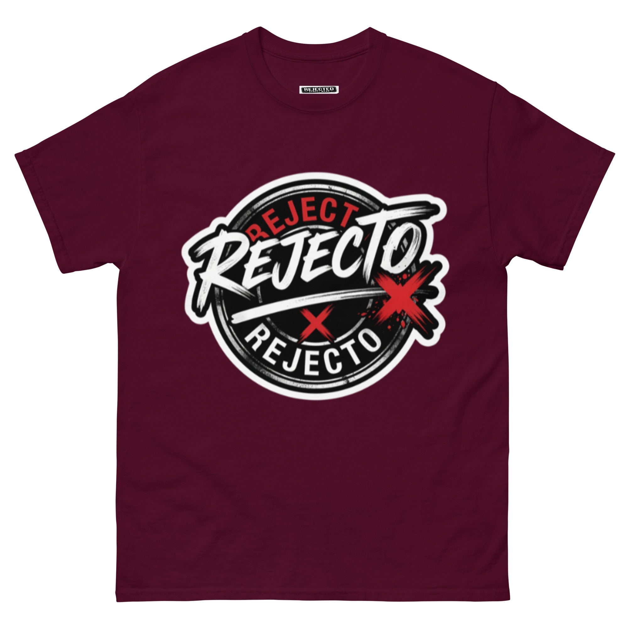Rejected Street Wear emblem tee — black circle badge with white brush script and a red X slash
