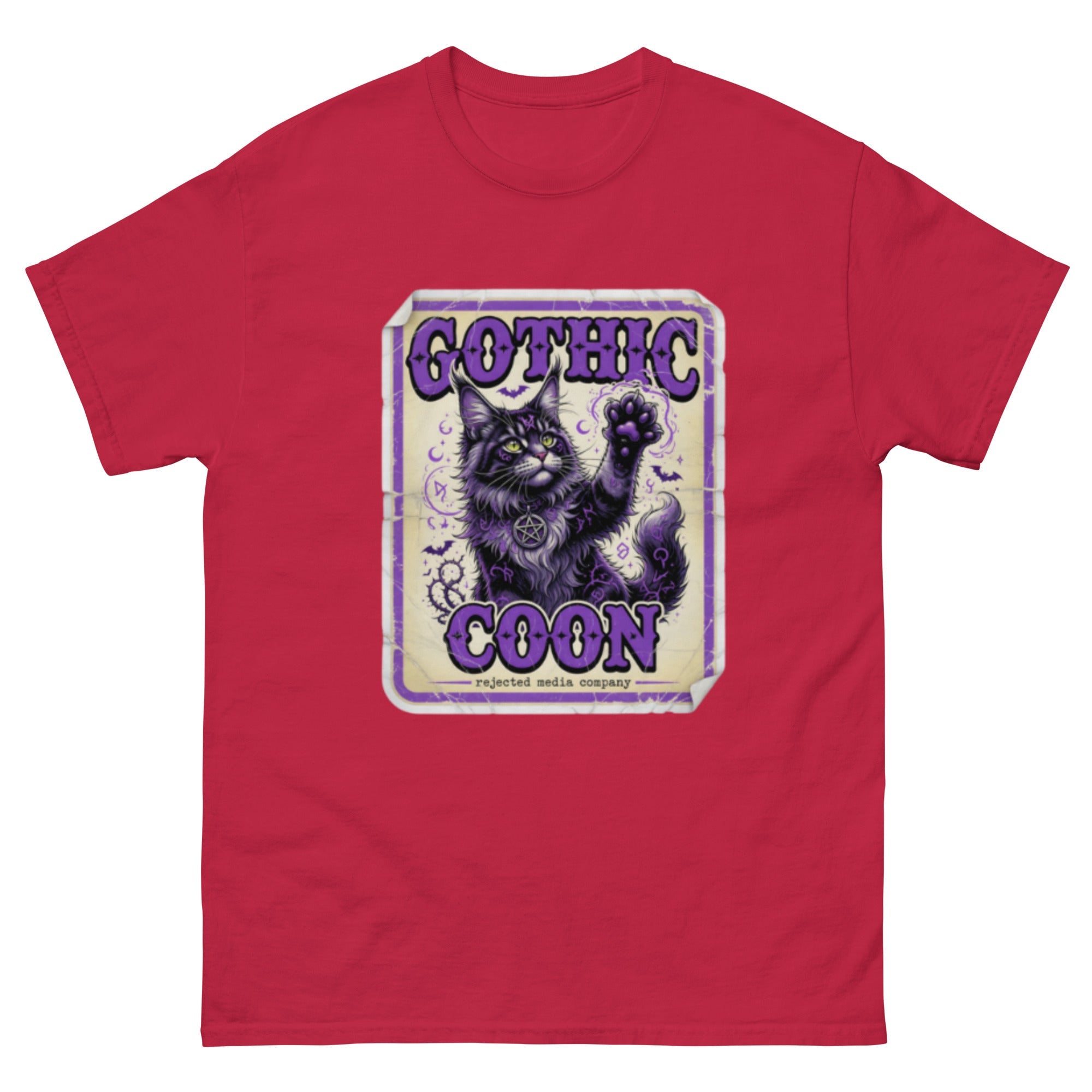 Gothic Coon tee — purple and black Maine Coon cat with a pentacle collar and one paw raised, vintage poster frame