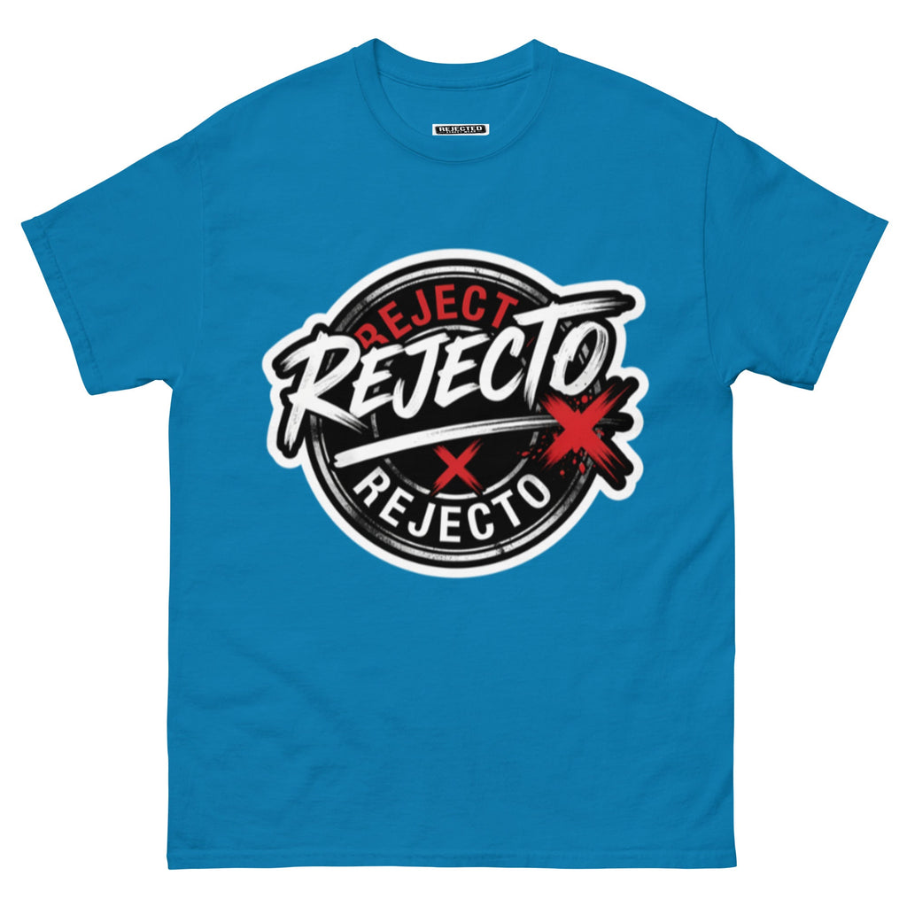 Rejected Street Wear emblem tee — black circle badge with white brush script and a red X slash