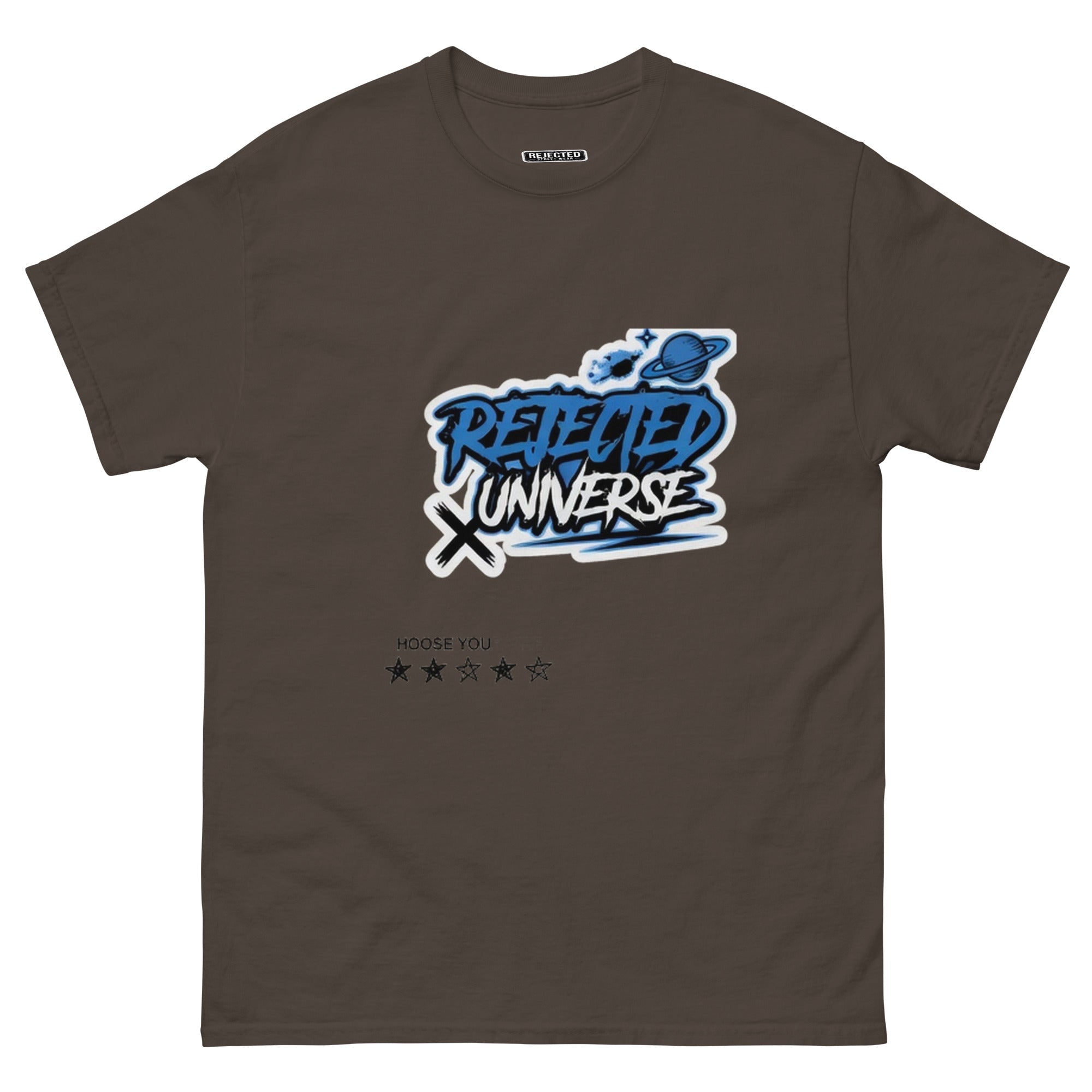Rejected Universe logo tee in blue — graffiti tag with a planet and trailing stars