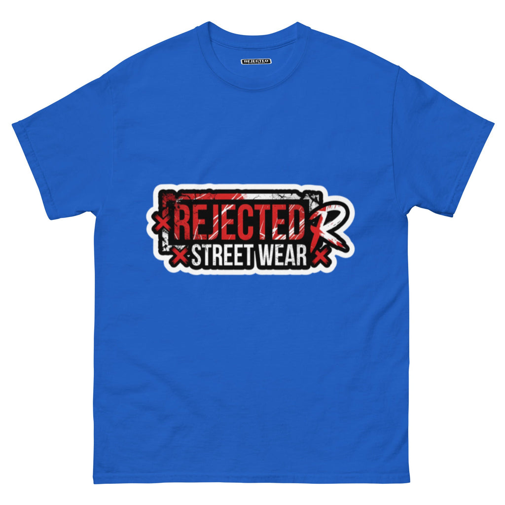 Rejected Street Wear red box logo tee — red-framed REJECTED STREET WEAR stamp with corner x marks and a red slash