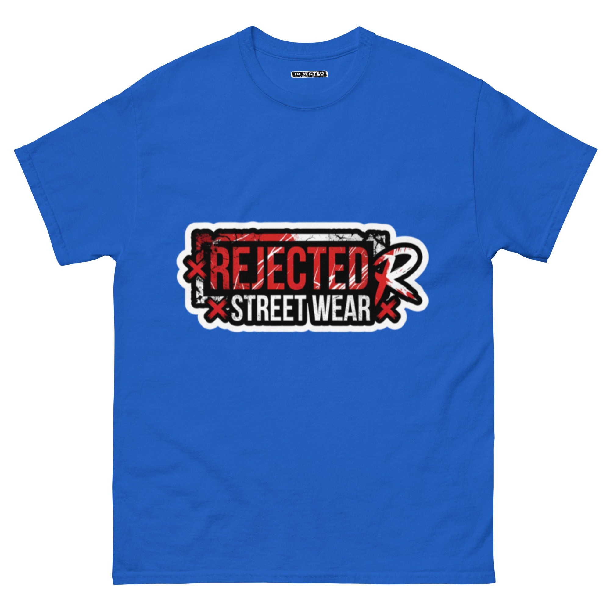 Rejected Street Wear red box logo tee — red-framed REJECTED STREET WEAR stamp with corner x marks and a red slash